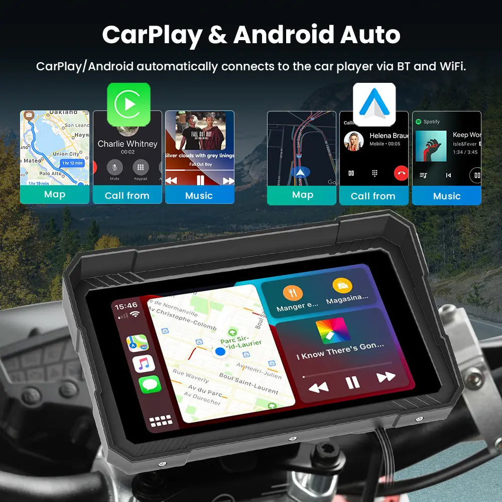Moto Carplay Screen 5 Inch with Wireless Carplay Android Auto, Bluetooth, IP67 Waterproof Navigation System, HD Touch Screen for Motorcycles, 12V