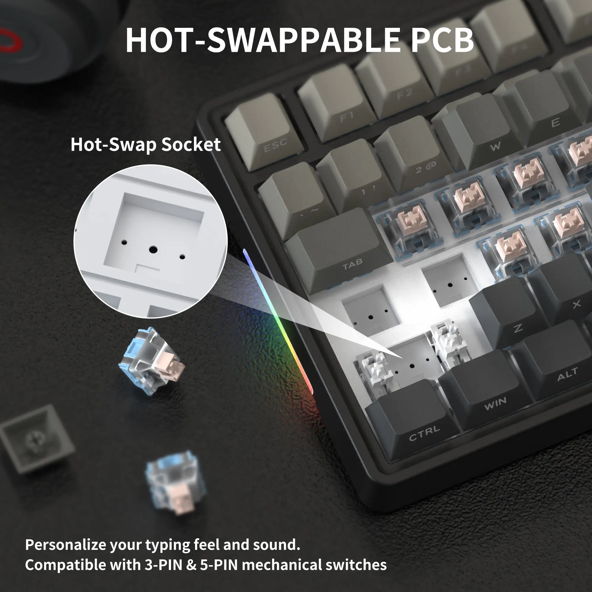 7KEYS BJ75 Wireless Mechanical Keyboard, 75% Gasket-Mount Gaming Keyboard with Volume Knob, Tri-Mode Connection (Bluetooth 5.0 / 2.4G / USB-C), Hot-Swappable Switches, RGB Backlight & Side Lighting, for Pc/Mac/Linux