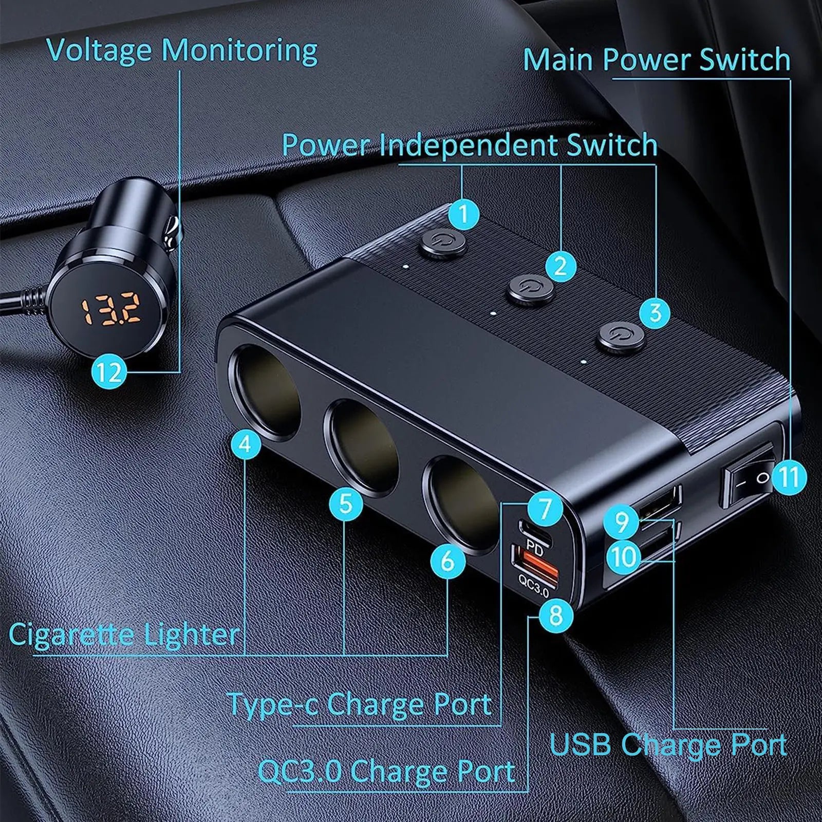 7-In-1 Car Charger Adapter, Automotive Charger, Car Adapters, Type-C Qc3.0 PD 30W Fast Charging, Usb Powered Charging, Dual USB Ports, Usb Car Connector, LED Voltage Display, 12V/24V Plug, 3.3Ft Cable, Multifunctional Charger