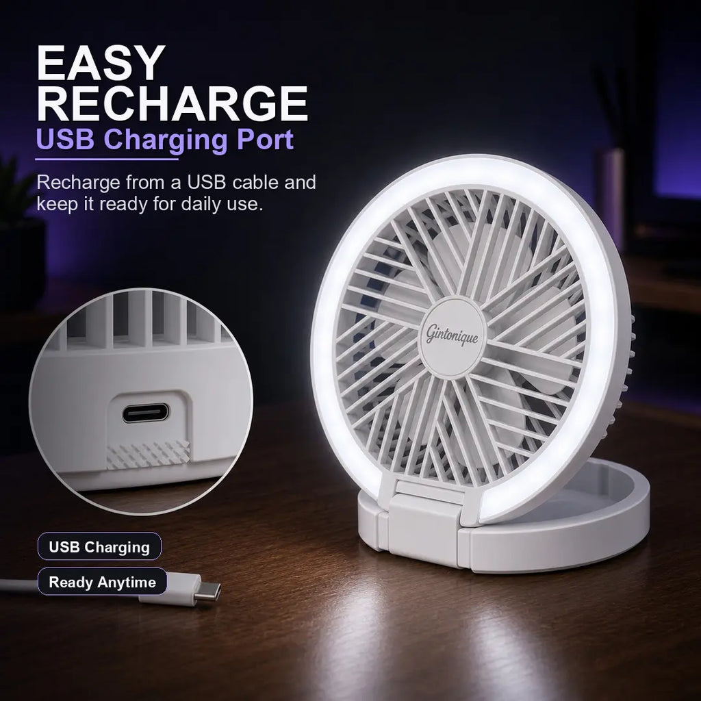 Portable Foldable LED Desk Fan - 5 Wind Speeds, Silent Rechargeable, Stepless Dimming Light, LED Power Display, Aromatherapy Diffuser, Mobile Wireless Compact USB Fan for Home, Travel, Camping, Office