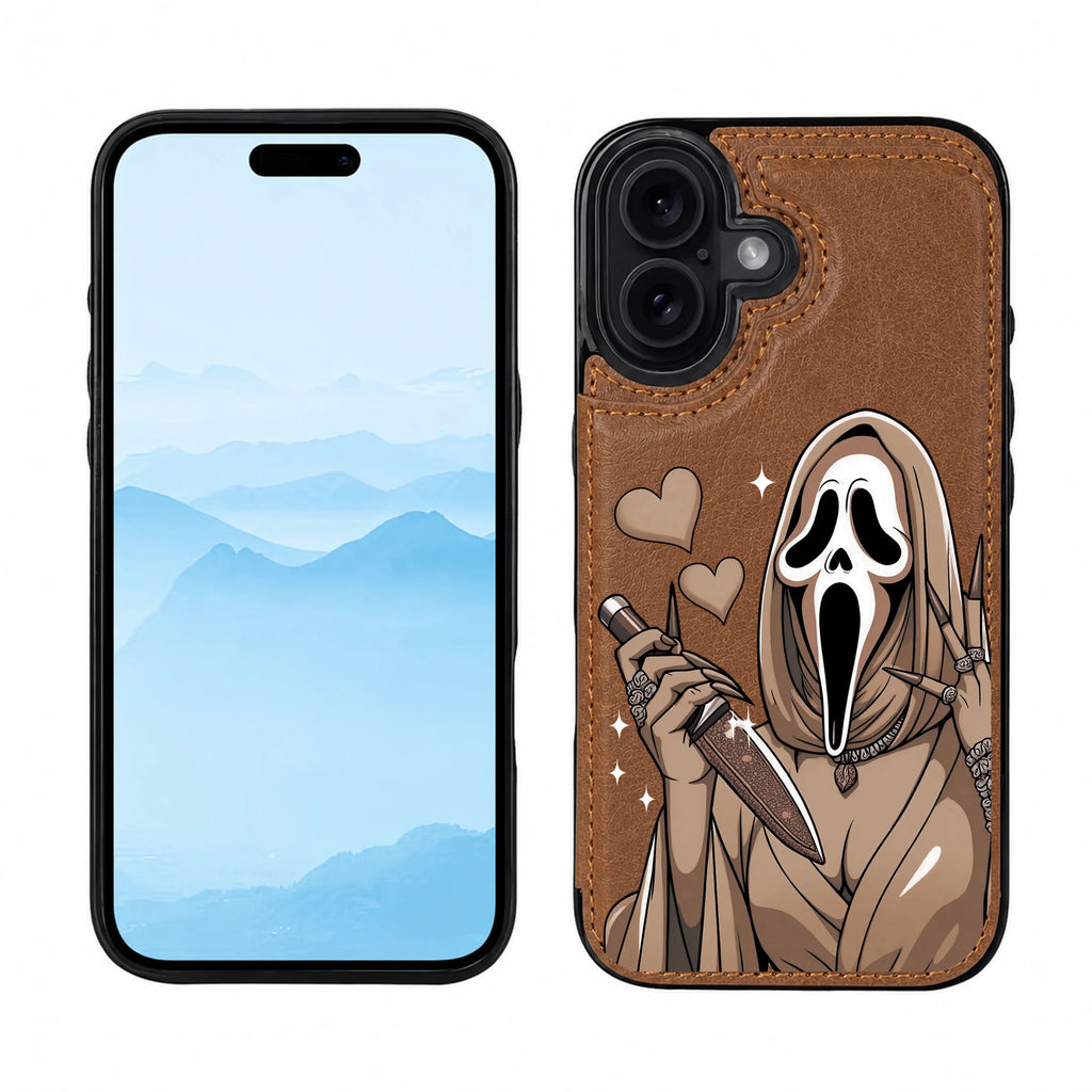 Spooky Cute Halloween Leather Wallet Phone Case for Iphone Samsung 17Pro Max Air 16Plus 15 14 13 12 Galaxy S25 S24 S23 S22Cases, Ghostface, Magnetic Flip Folio Cover with Card Holder, Shockproof Drop Protection, Designed for Women.Jl121