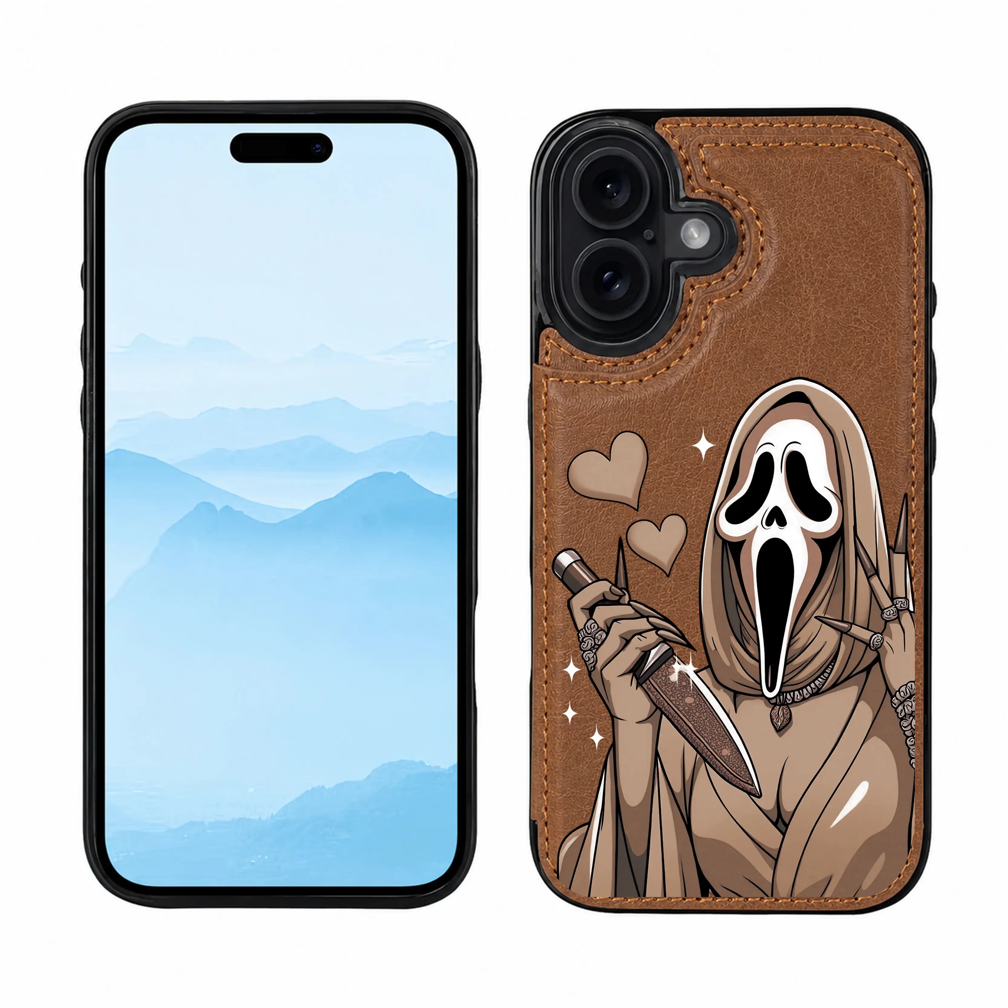 Spooky Cute Halloween Leather Wallet Phone Case for Iphone Samsung 17Pro Max Air 16Plus 15 14 13 12 Galaxy S25 S24 S23 S22Cases, Ghostface, Magnetic Flip Folio Cover with Card Holder, Shockproof Drop Protection, Designed for Women.Jl121