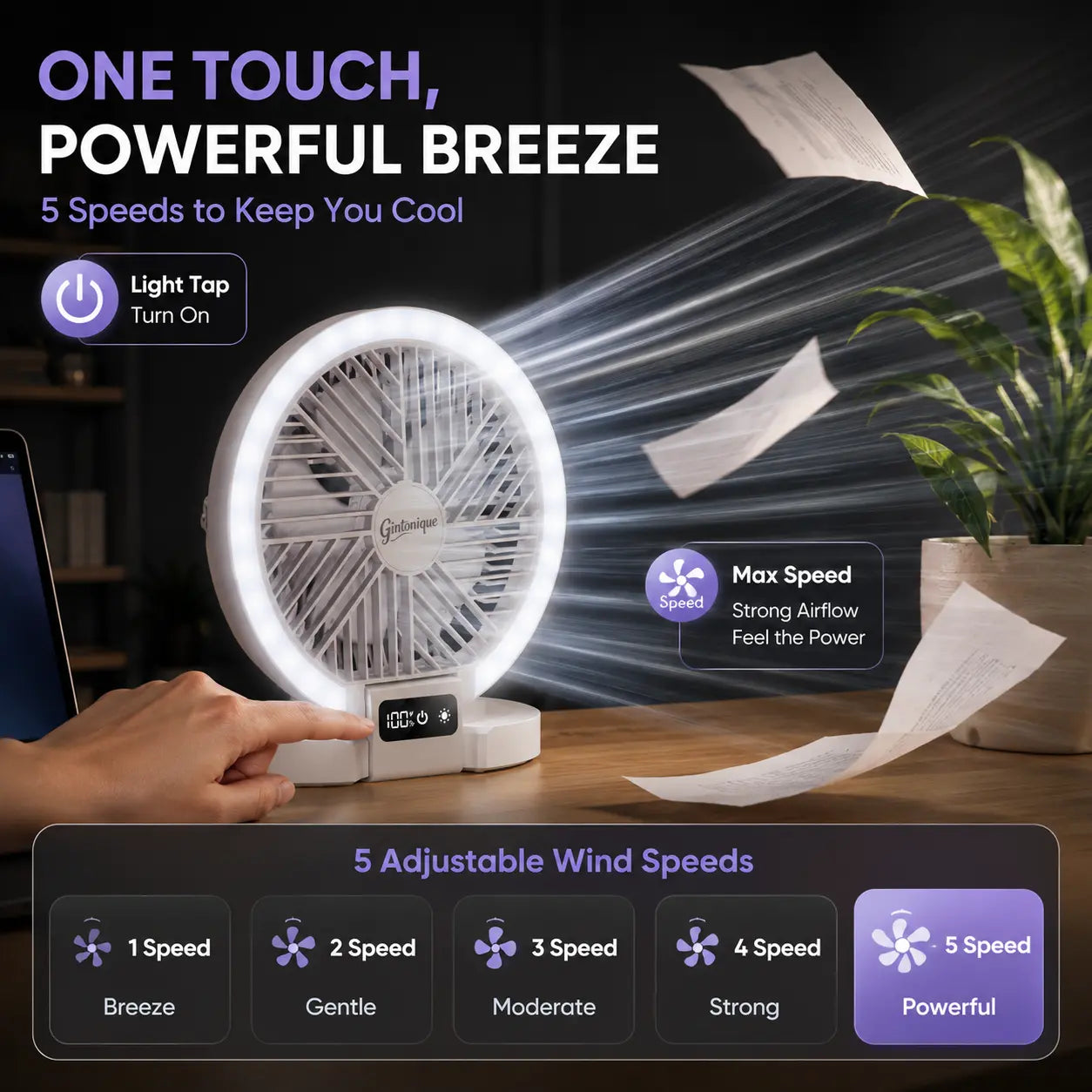 Portable Foldable LED Desk Fan - 5 Wind Speeds, Silent Rechargeable, Stepless Dimming Light, LED Power Display, Aromatherapy Diffuser, Mobile Wireless Compact USB Fan for Home, Travel, Camping, Office