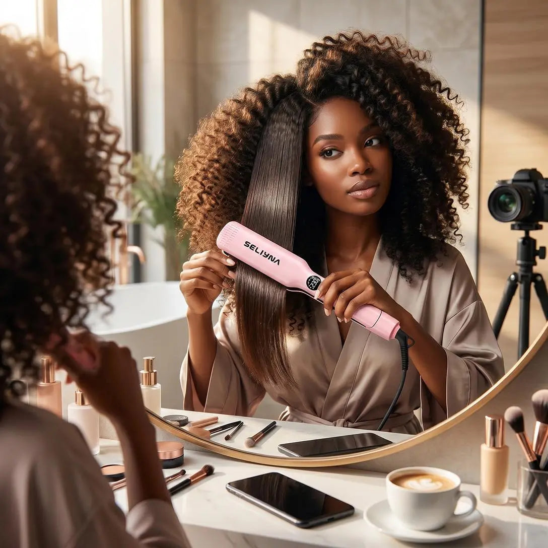 SELIYNA Ionic Hair Straightener, 2-In-1 Wide Plate Flat Iron for Straightening and Curling, Anti-Frizz Styling Tool for All Hair Types, LED Display, Dual Voltage