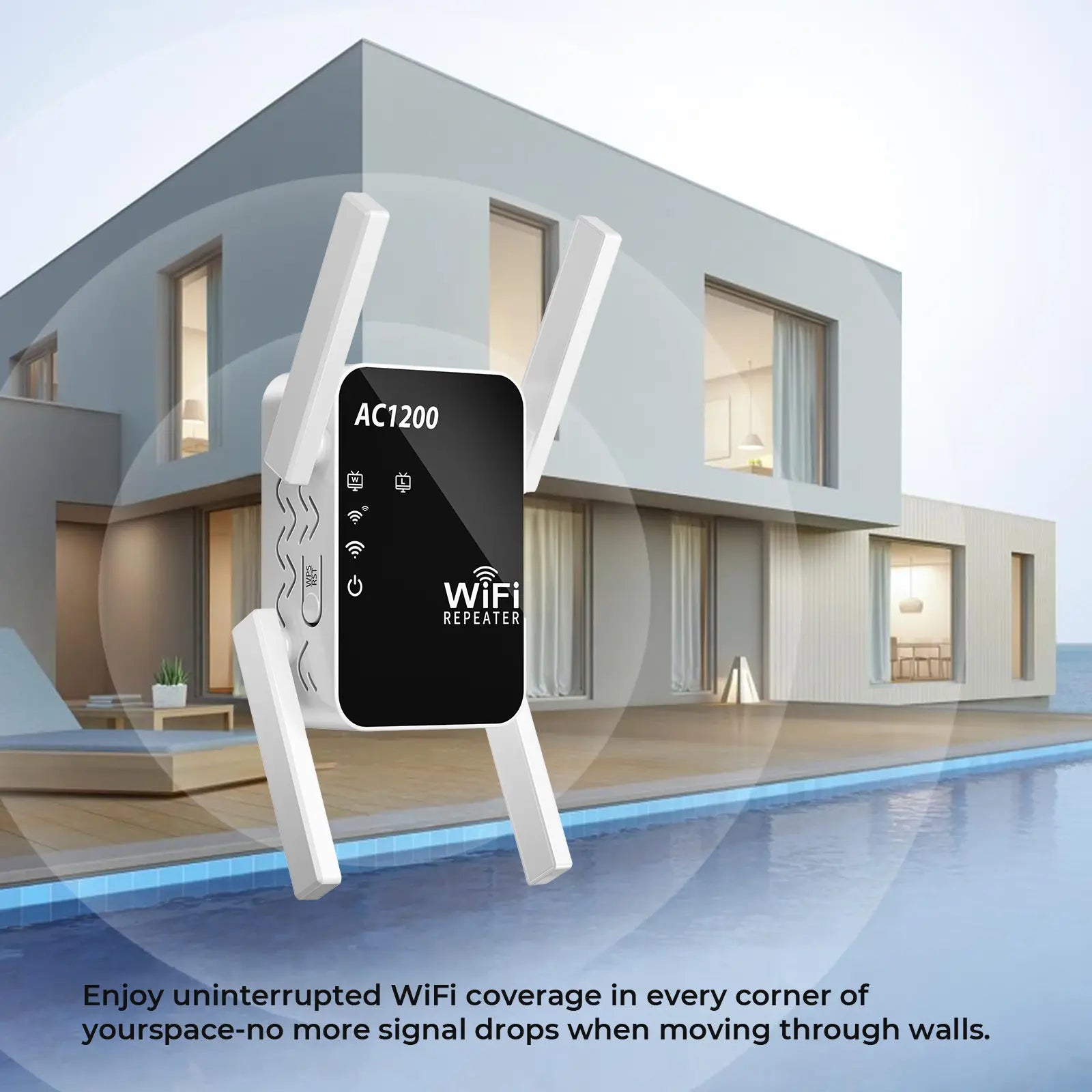 Wifi Repeater Signal Extender, Extends Coverage to 1288 Sq.Ft, Handles 80Devices, 2.4Ghz Wireless Repeater Amplifier, Wifi Extender for Home Use