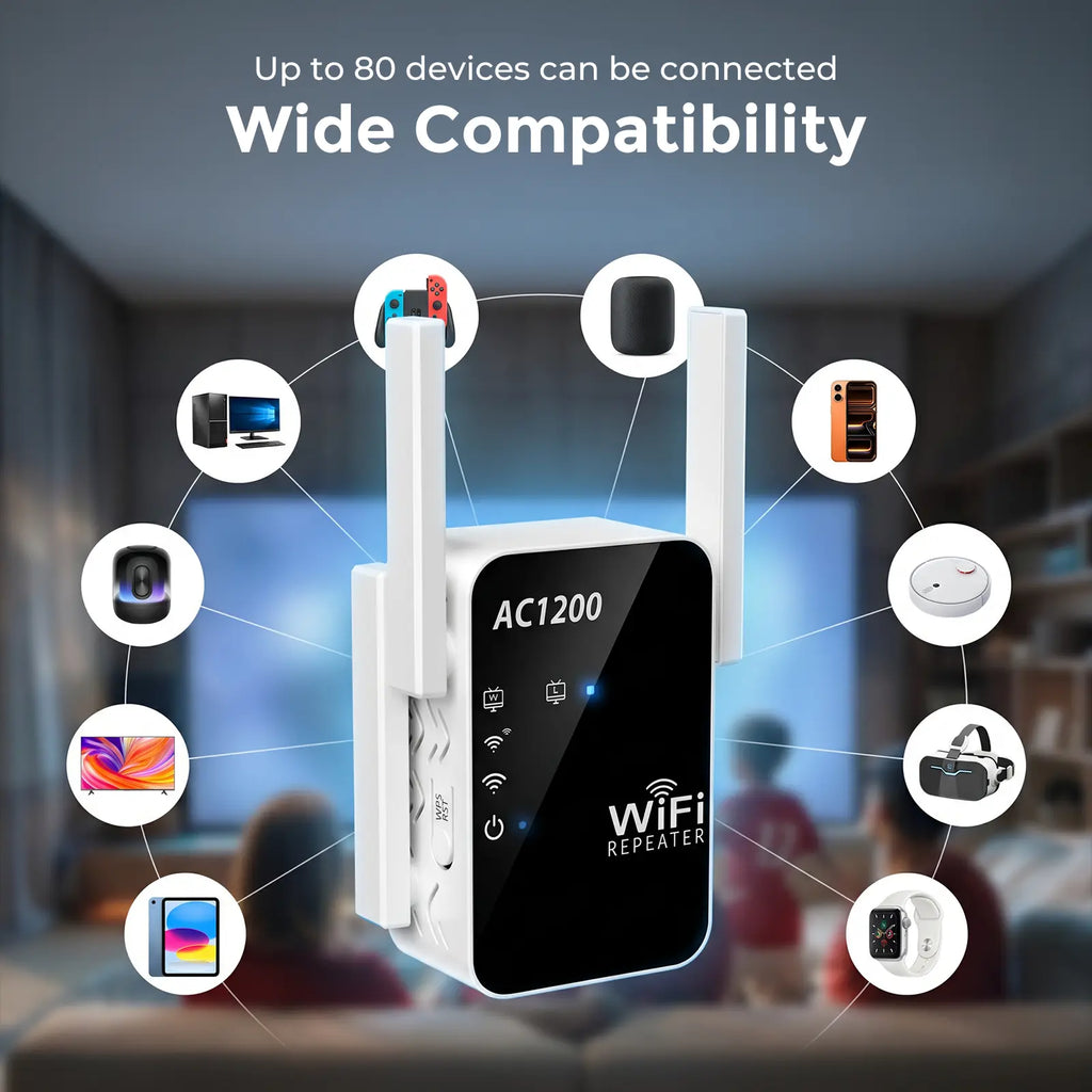 Wifi Repeater Signal Extender, Extends Coverage to 1288 Sq.Ft, Handles 80Devices, 2.4Ghz Wireless Repeater Amplifier, Wifi Extender for Home Use