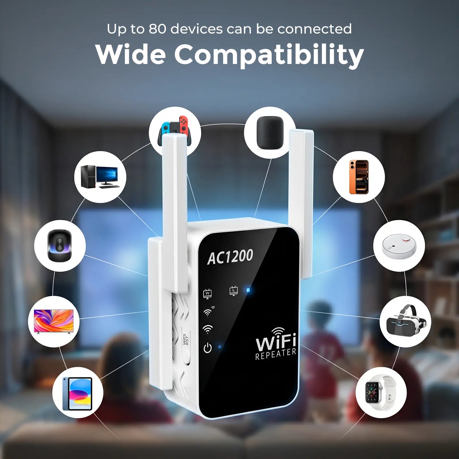 Wifi Repeater Signal Extender, Extends Coverage to 1288 Sq.Ft, Handles 80Devices, 2.4Ghz Wireless Repeater Amplifier, Wifi Extender for Home Use