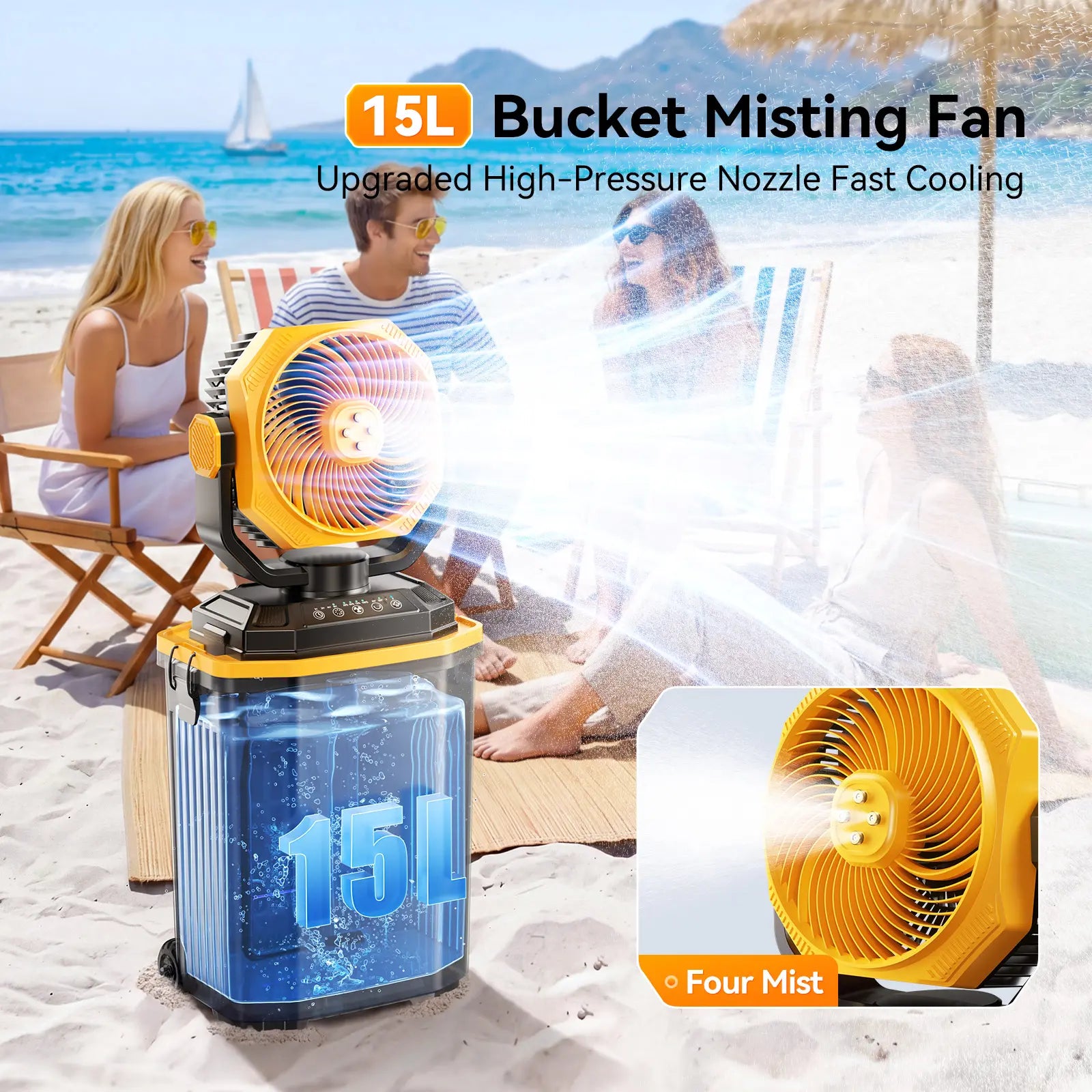 Portable Bucket Misting Fan-4 Gallon, 30000Mah Outdoor Oscillating Cooling Fan with Water Spray for Patios, 12 Inch Rechargeable Battery Camping Fan with Remote, Beach/Travel Essentials Brushless Motor Fan