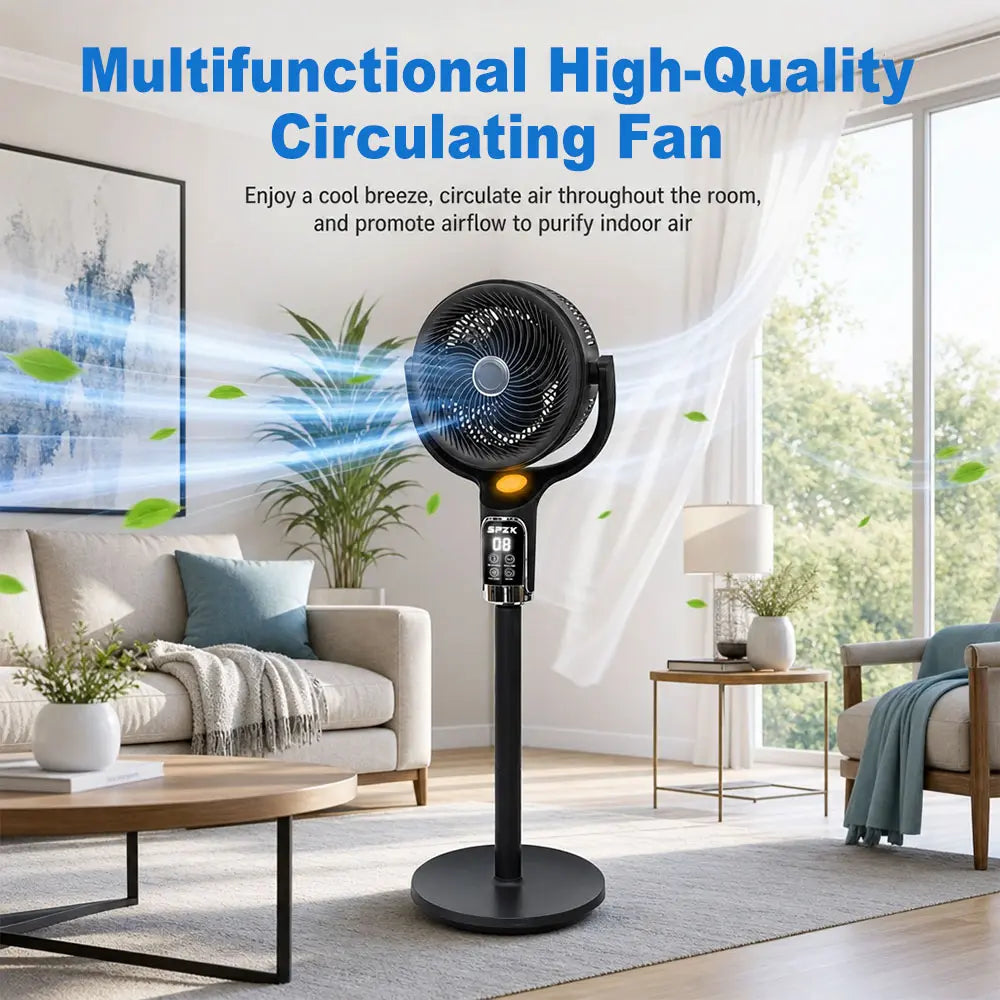 SPZK Air Circulator Pedestal Fan 120° Automatic 4-Way Oscillating Standing Fan, Ultra Quiet Standing Air Circulation Fan with Remote Control, 8 Speed Powerful Oscillating Floor Fan, 9 Hour Timer Adjustable Height Pedestal Fan for Home Sleep Office Use