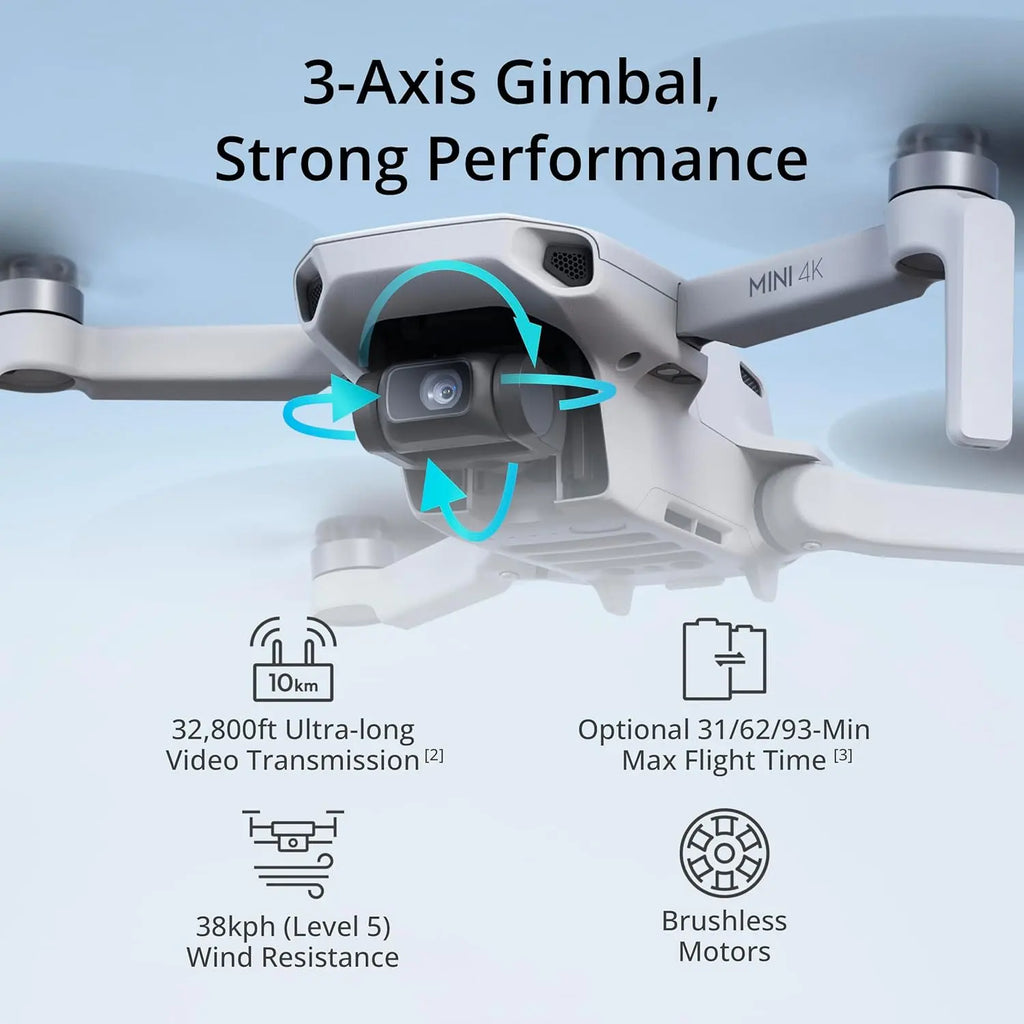 DJI Mini 4K, Drone with 4K UHD Camera for Adults, under 249 G, 3-Axis Gimbal Stabilization, 10Km Video Transmission, Auto Return, Wind Resistance, 1 Battery for 31-Min Max Flight Time