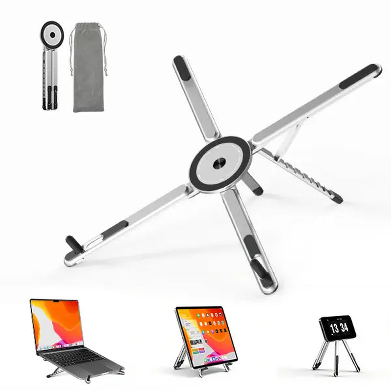 Viozon Portable Laptop Stand for Desk, Foldable Adjustable Computer Riser with Magnetic Phone Holder, Aluminum Laptop Stand for 10–16” Laptops & 4–13” Phones/Tablets (Silver)