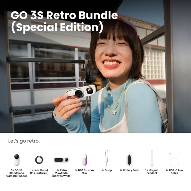 Insta360 GO 3S Retro Bundle Special Edition - Small 4K Vlogging Camera, Hands-Free POV Cam, Retro Filters, 4K30Fps, Extra Bttery, Lightweight Wearable Vlog Camera for Street & Daily Shots