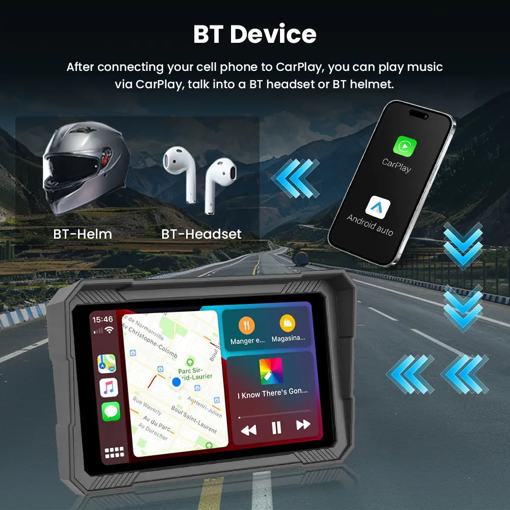 Moto Carplay Screen 5 Inch with Wireless Carplay Android Auto, Bluetooth, IP67 Waterproof Navigation System, HD Touch Screen for Motorcycles, 12V