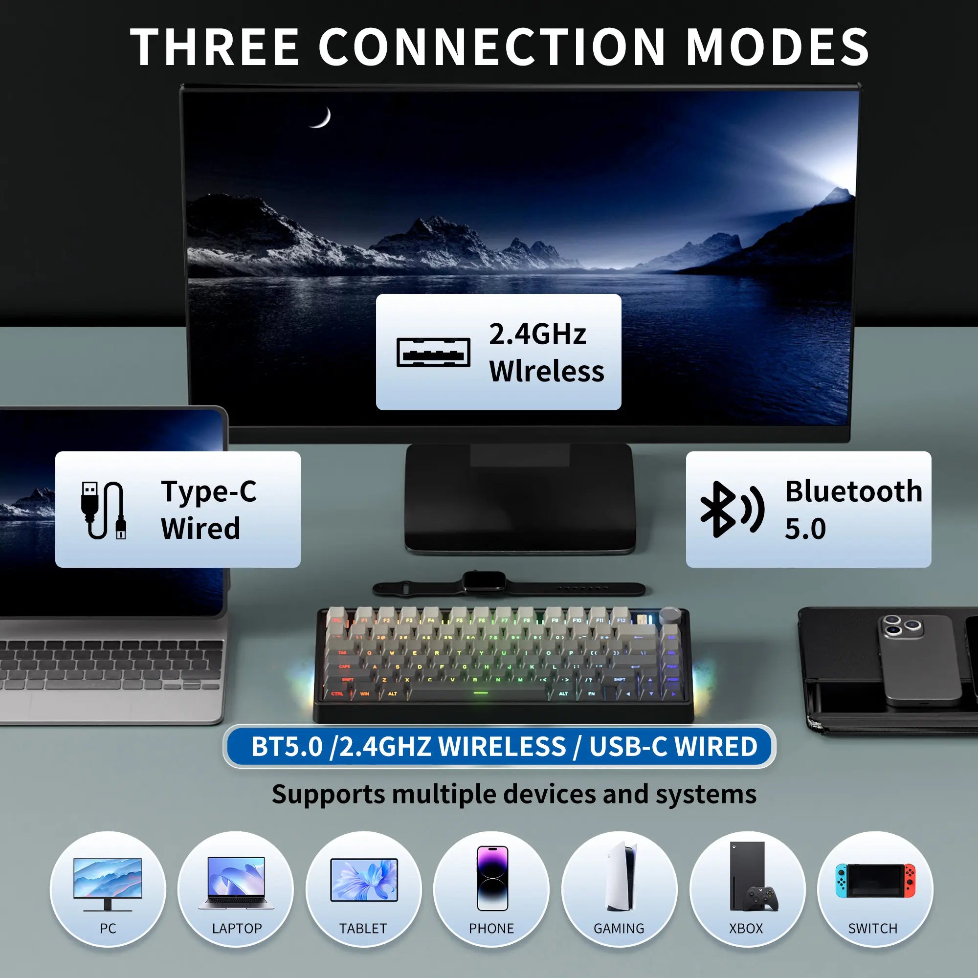 7KEYS BJ75 Wireless Mechanical Keyboard, 75% Gasket-Mount Gaming Keyboard with Volume Knob, Tri-Mode Connection (Bluetooth 5.0 / 2.4G / USB-C), Hot-Swappable Switches, RGB Backlight & Side Lighting, for Pc/Mac/Linux