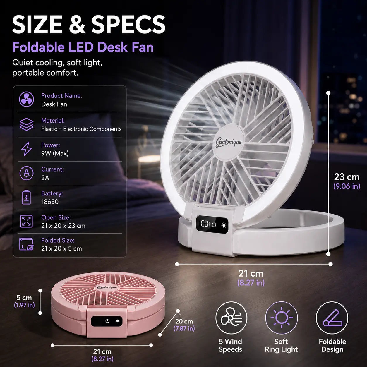 Portable Foldable LED Desk Fan - 5 Wind Speeds, Silent Rechargeable, Stepless Dimming Light, LED Power Display, Aromatherapy Diffuser, Mobile Wireless Compact USB Fan for Home, Travel, Camping, Office