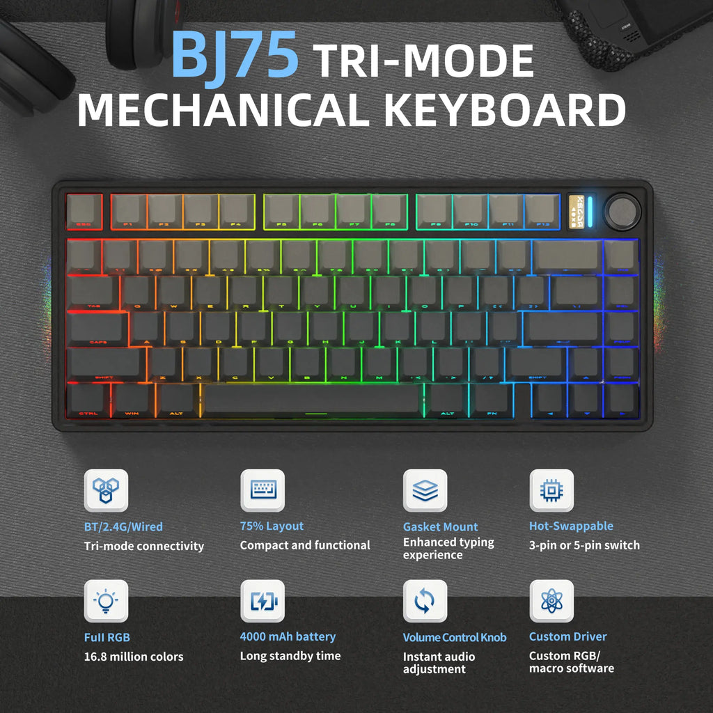 7KEYS BJ75 Wireless Mechanical Keyboard, 75% Gasket-Mount Gaming Keyboard with Volume Knob, Tri-Mode Connection (Bluetooth 5.0 / 2.4G / USB-C), Hot-Swappable Switches, RGB Backlight & Side Lighting, for Pc/Mac/Linux