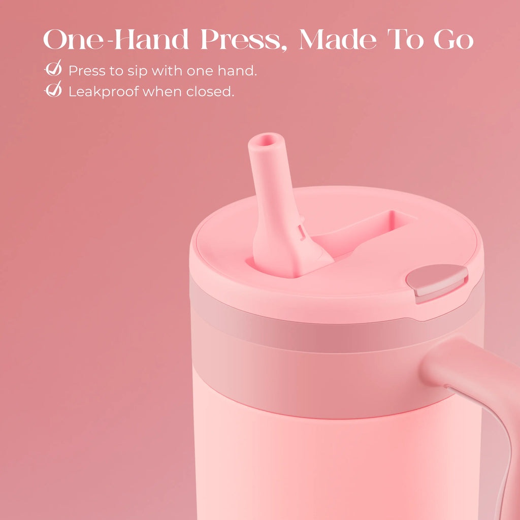 Coquella 40 Oz Insulated Tumbler with Handle and Push-Button Straw Lid, Stainless Steel Travel Cup for Gym Office, Leakproof, Bpa-Free, Cup Holder Friendly, Bow Silicone Boot, Pink (Rose Quartz)