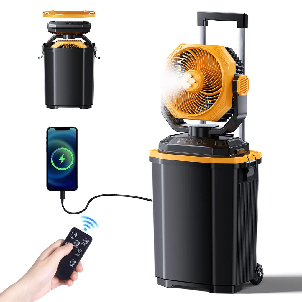 Portable Bucket Misting Fan-4 Gallon, 30000Mah Outdoor Oscillating Cooling Fan with Water Spray for Patios, 12 Inch Rechargeable Battery Camping Fan with Remote, Beach/Travel Essentials Brushless Motor Fan