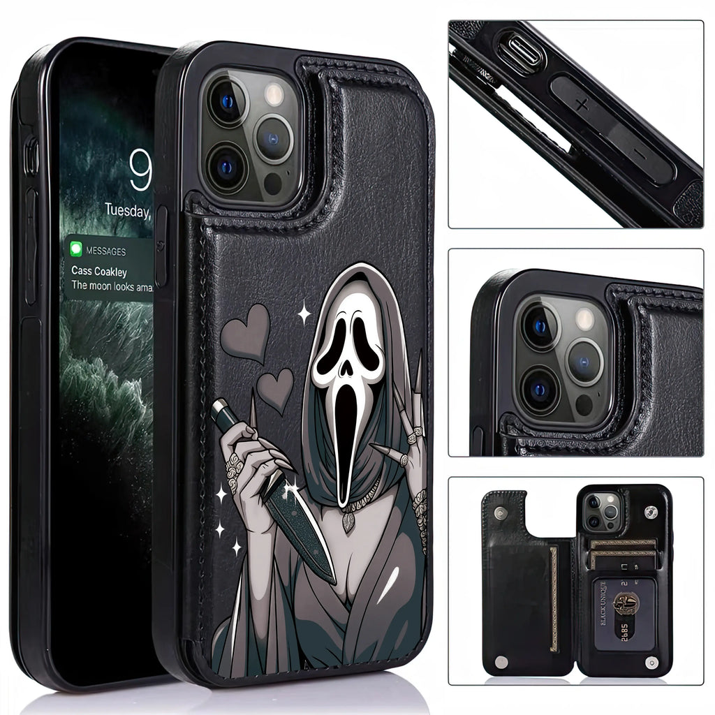 Spooky Cute Halloween Leather Wallet Phone Case for Iphone Samsung 17Pro Max Air 16Plus 15 14 13 12 Galaxy S25 S24 S23 S22Cases, Ghostface, Magnetic Flip Folio Cover with Card Holder, Shockproof Drop Protection, Designed for Women.Jl121