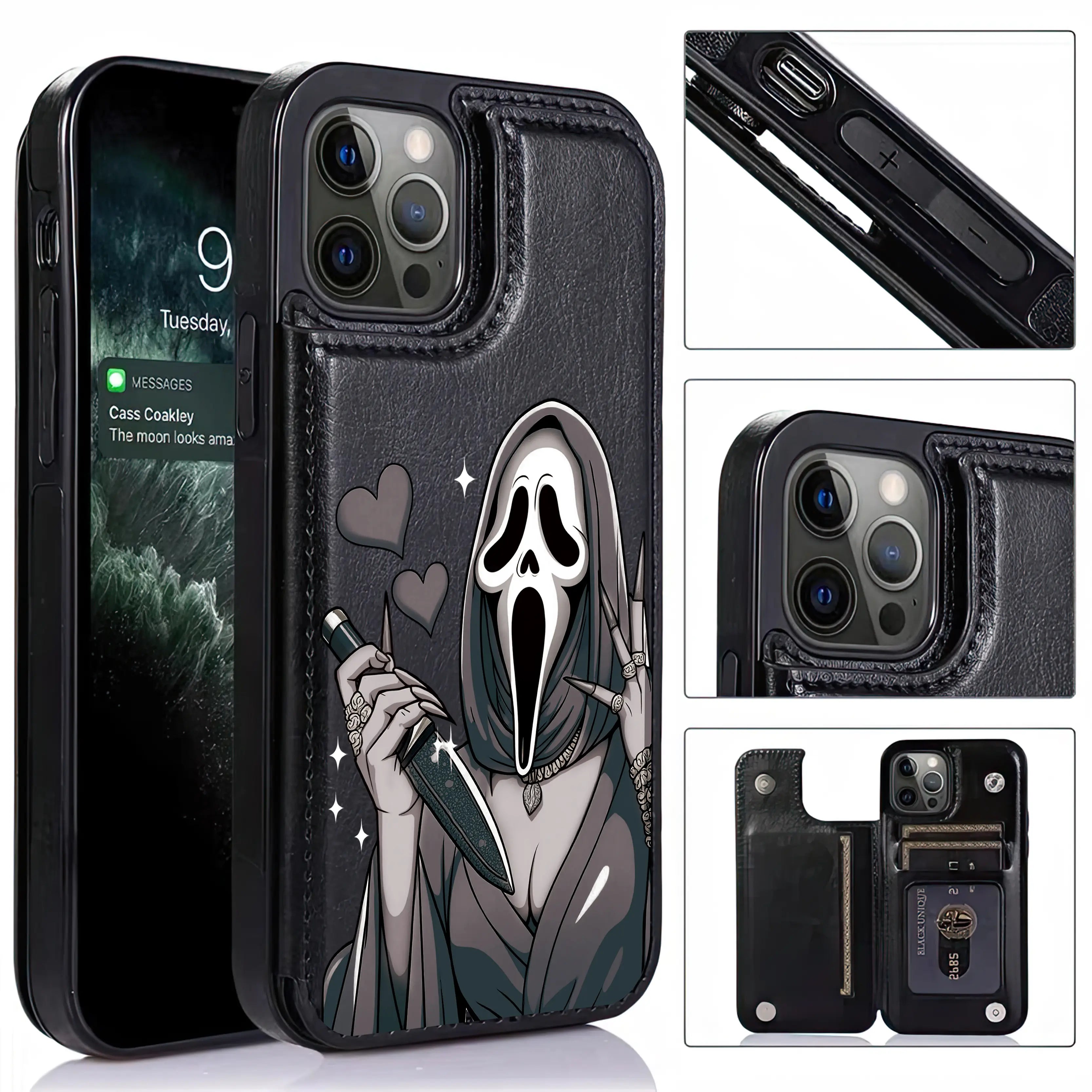 Spooky Cute Halloween Leather Wallet Phone Case for Iphone Samsung 17Pro Max Air 16Plus 15 14 13 12 Galaxy S25 S24 S23 S22Cases, Ghostface, Magnetic Flip Folio Cover with Card Holder, Shockproof Drop Protection, Designed for Women.Jl121