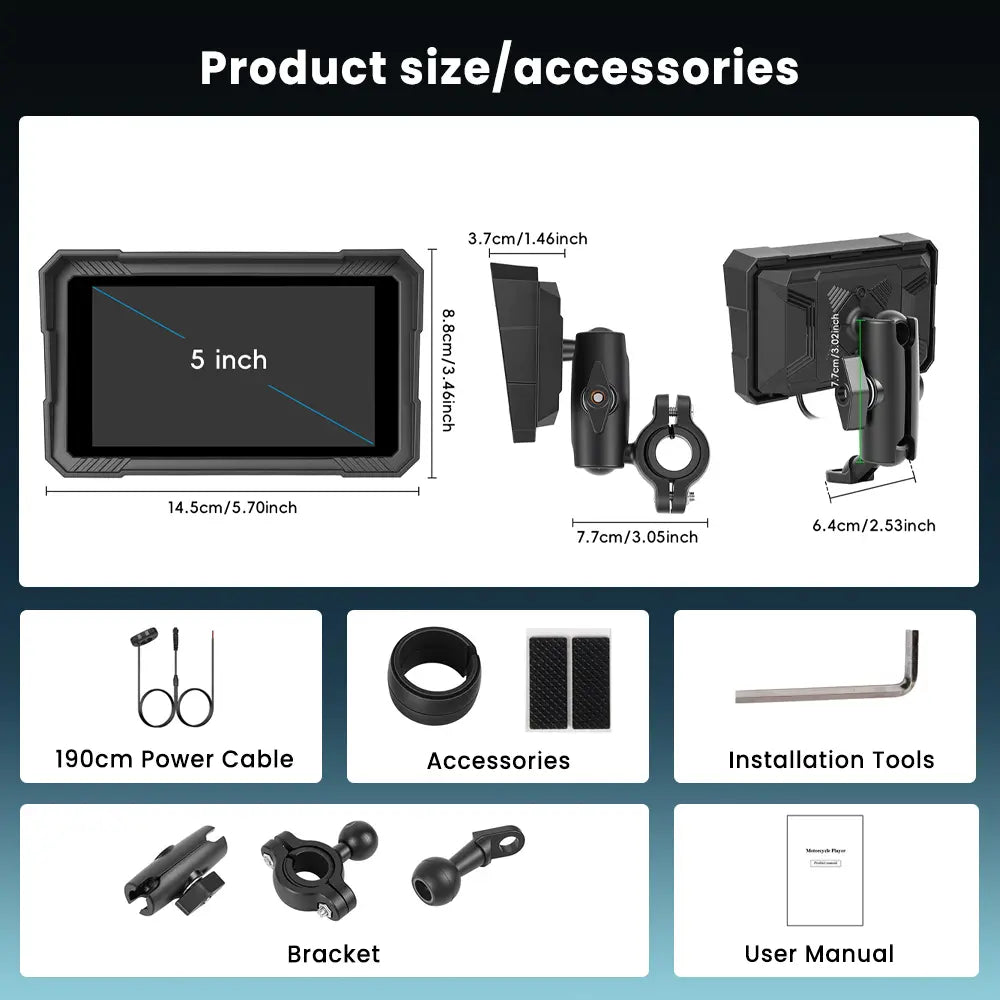 Moto Carplay Screen 5 Inch with Wireless Carplay Android Auto, Bluetooth, IP67 Waterproof Navigation System, HD Touch Screen for Motorcycles, 12V