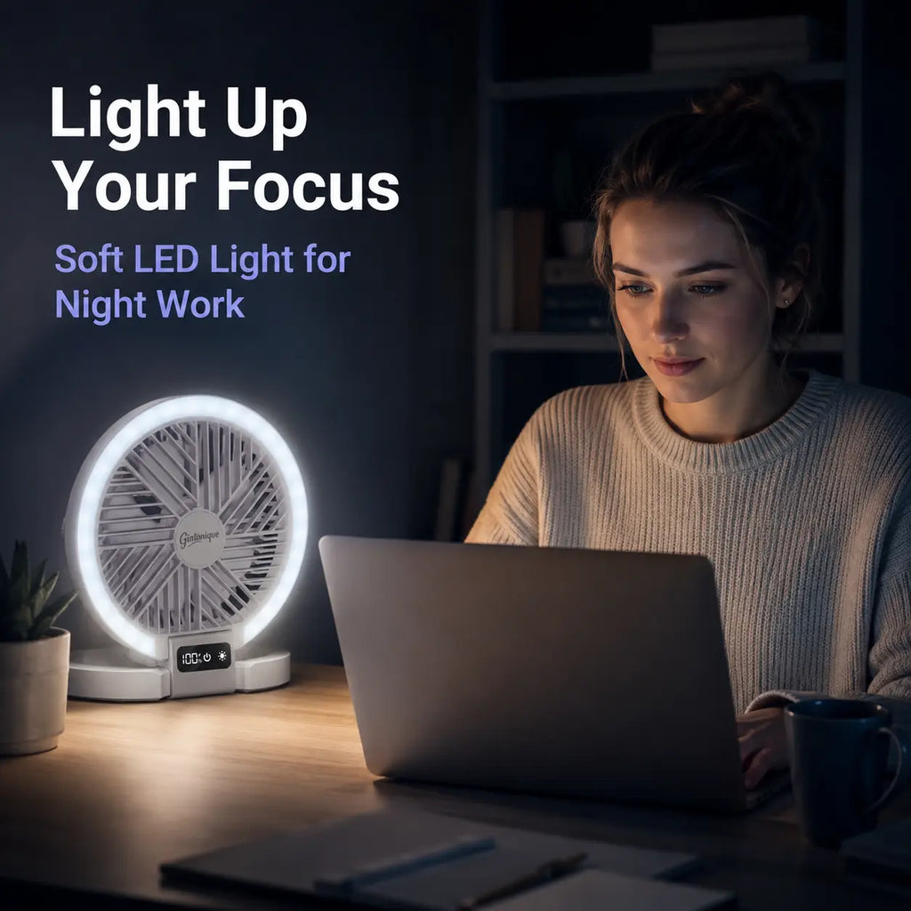 Portable Foldable LED Desk Fan - 5 Wind Speeds, Silent Rechargeable, Stepless Dimming Light, LED Power Display, Aromatherapy Diffuser, Mobile Wireless Compact USB Fan for Home, Travel, Camping, Office