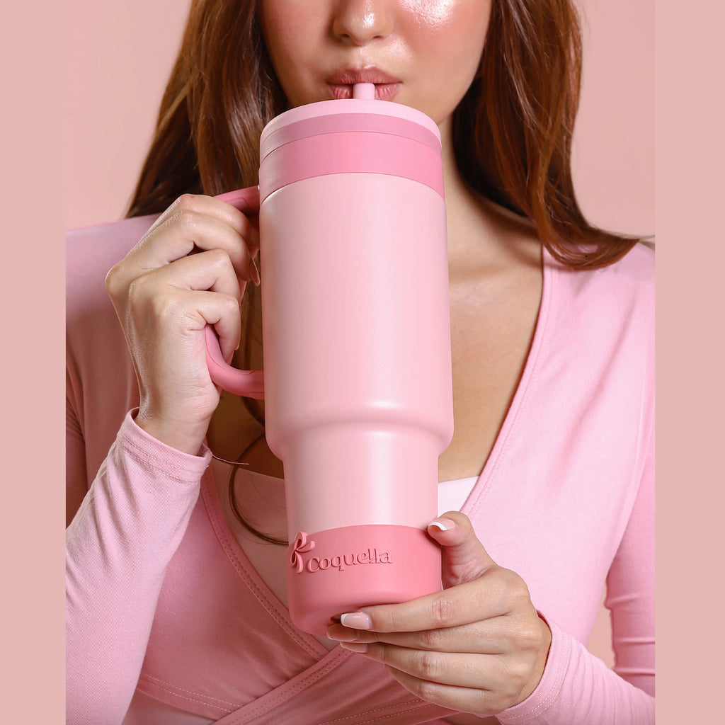 Coquella 40 Oz Insulated Tumbler with Handle and Push-Button Straw Lid, Stainless Steel Travel Cup for Gym Office, Leakproof, Bpa-Free, Cup Holder Friendly, Bow Silicone Boot, Pink (Rose Quartz)