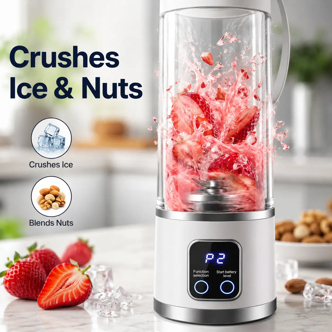 Portable Blender with Digital Display, 3 Juicing Modes & 12 Stainless Steel Blades, Double-Hugged Leakproof, Personal Smoothie Maker for Fruit, Ice, Baby Food, Perfect for Travel, Gym, Office, Memorial Day Gift