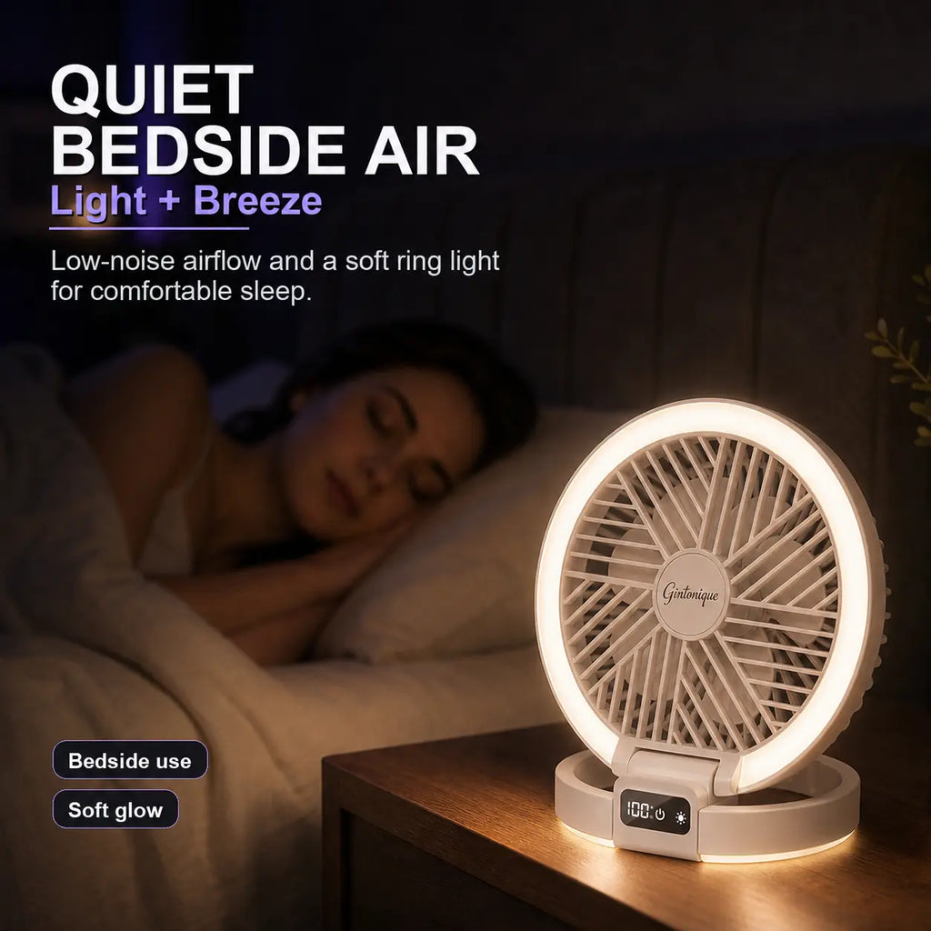 Portable Foldable LED Desk Fan - 5 Wind Speeds, Silent Rechargeable, Stepless Dimming Light, LED Power Display, Aromatherapy Diffuser, Mobile Wireless Compact USB Fan for Home, Travel, Camping, Office