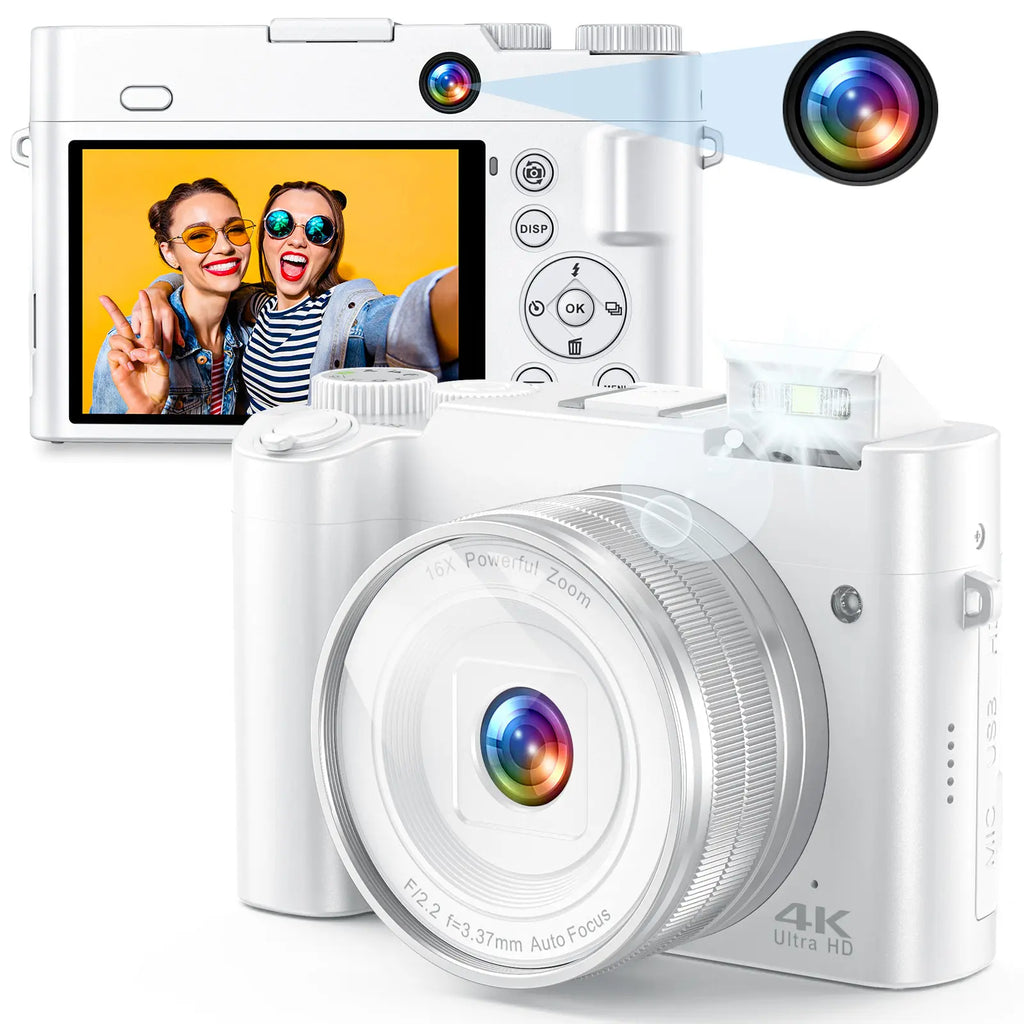 Zostuic Digital Camera 4K 64MP Vlogging Camera with Autofocus Dual Lens 6-Axis Anti-Shake 16X Zoom Compact Camera for Students Beginners Travel Record Perfect Holiday Gift.