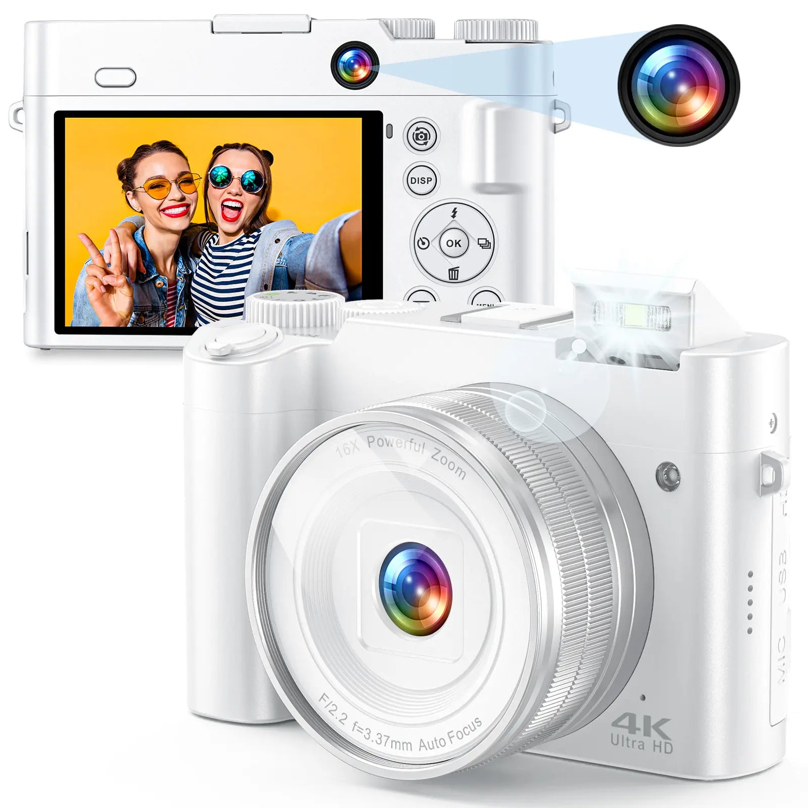 Zostuic Digital Camera 4K 64MP Vlogging Camera with Autofocus Dual Lens 6-Axis Anti-Shake 16X Zoom Compact Camera for Students Beginners Travel Record Perfect Holiday Gift.