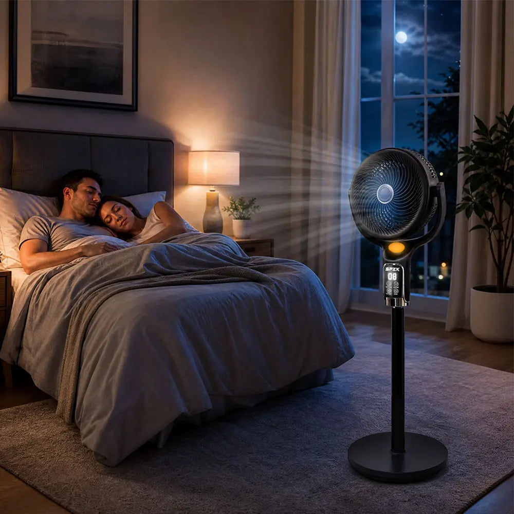 SPZK Air Circulator Pedestal Fan 120° Automatic 4-Way Oscillating Standing Fan, Ultra Quiet Standing Air Circulation Fan with Remote Control, 8 Speed Powerful Oscillating Floor Fan, 9 Hour Timer Adjustable Height Pedestal Fan for Home Sleep Office Use