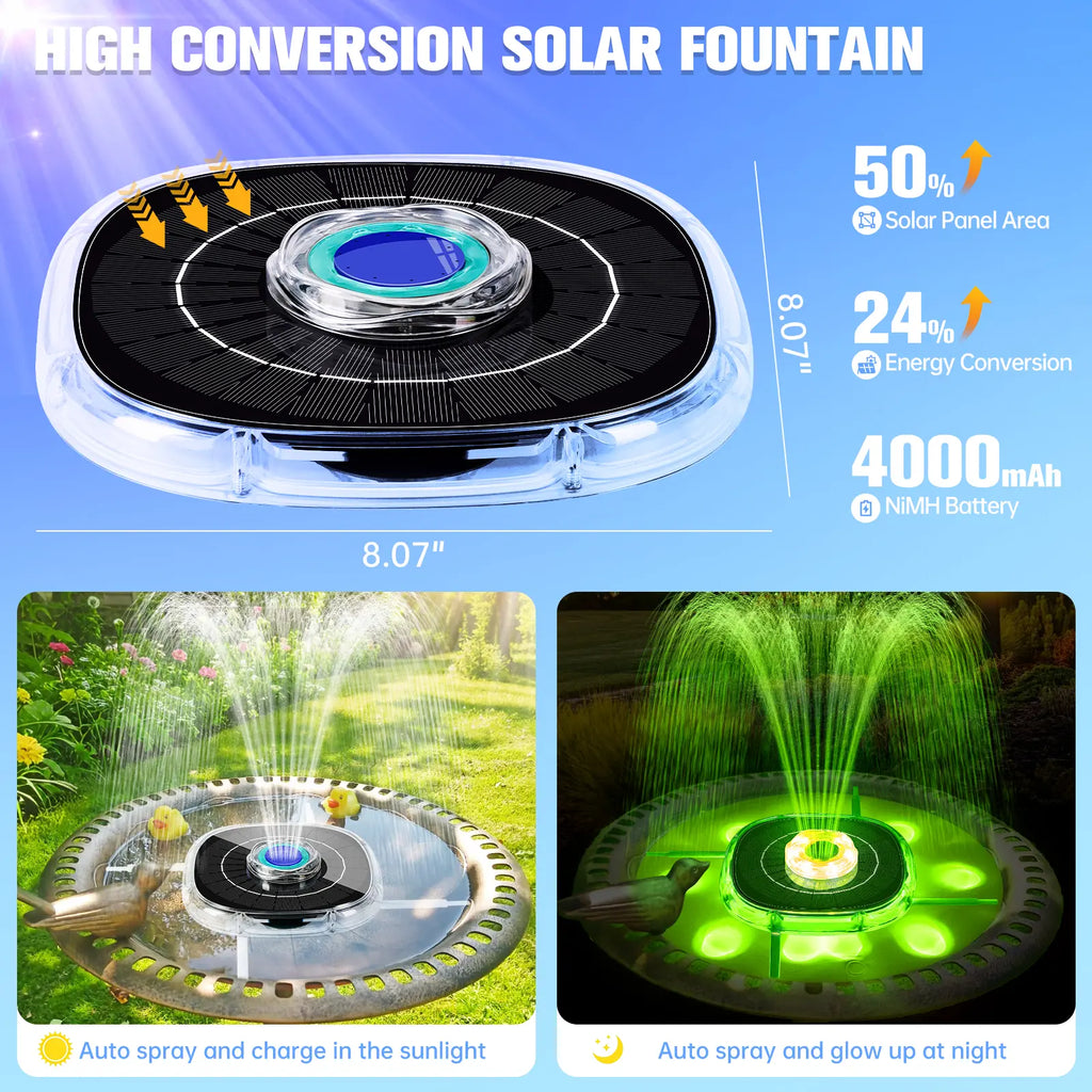 Uniwater Solar Floating Fountain with LED Lights, 4000Mah Large Capacity Built-In Battery, Pool Accessories with 120G Weighted Anchor, 360° Wrapped Casing, Smooth Running Outdoor Garden Decor for Ponds, Bird Bath