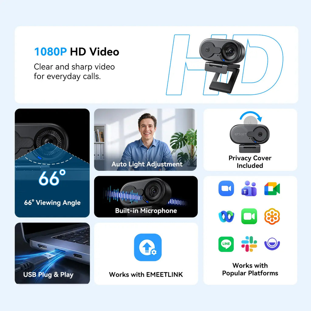 EMEET C100 4K External USB Webcam for PC, Fixed Focus, 66° FOV, Built-In Mic, Privacy Cover, Portable Metal Clip, Computer Camera for Home Office, Online Meetings, Desktop/Laptop USB-A, External Usb Webcams