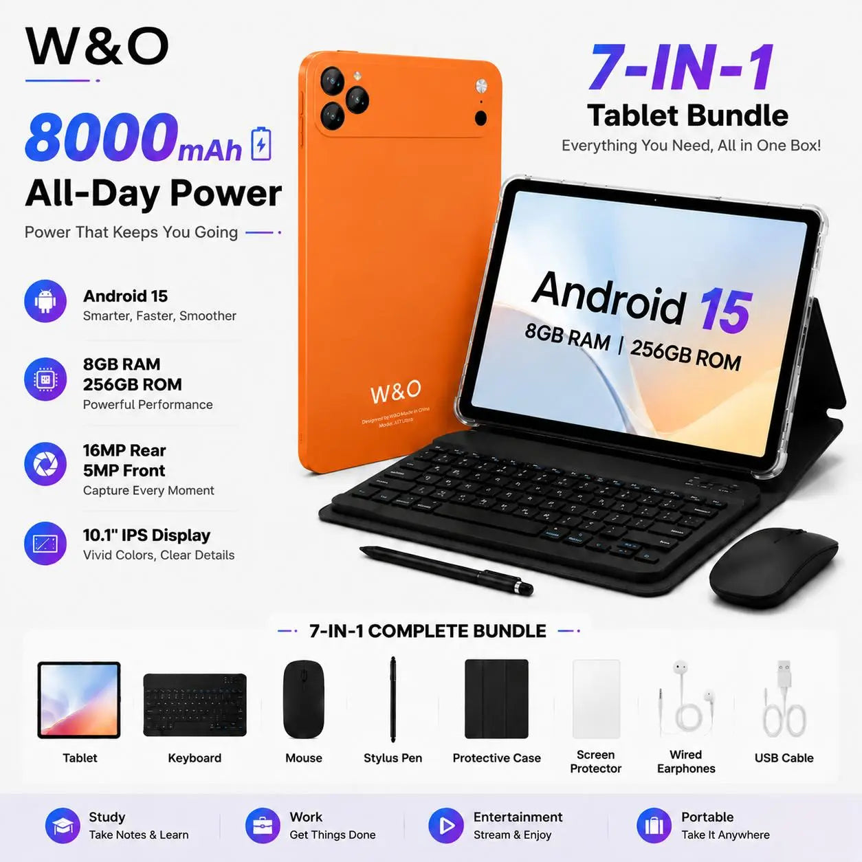 W&O X17 Ultra 7-In-1 Tablet Bundle, 10.1" Android 15 Tablet, 8GB RAM + 256GB ROM, Keyboard Mouse Stylus Case Included, 16MP Rear + 5MP Front Camera, 8000Mah Battery, Portable Tablet for Students, Work, Online Classes & Entertainment Cam Dual
