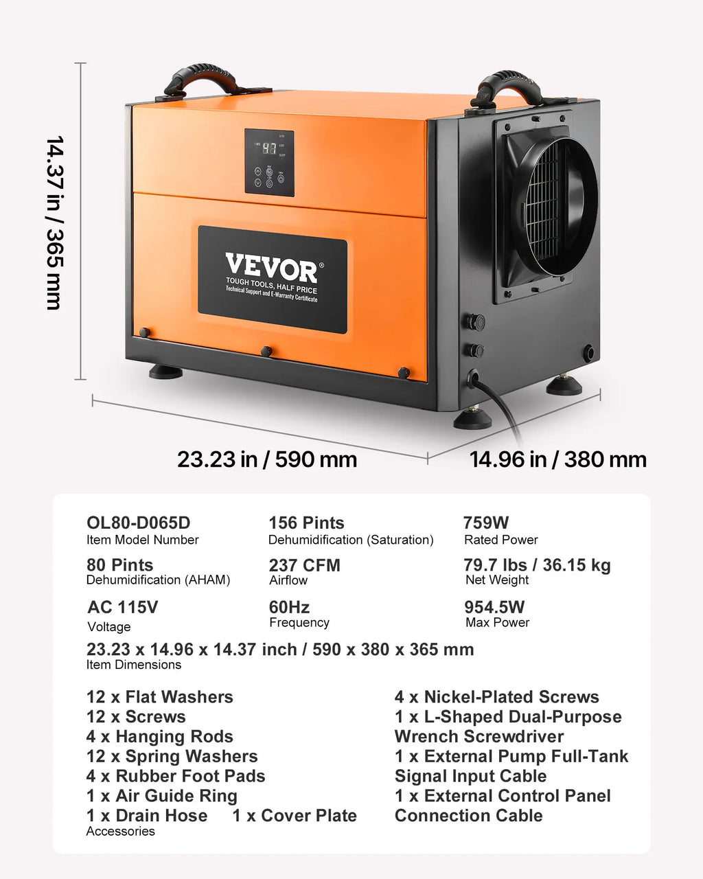 【Summerfinds】Vevor 156 Pints Commercial Dehumidifier with Drain Hose, Portable Crawl Space Dehumidifiers for Basement Storage Room Industrial Grade, Auto Defrost/Drainage, Heavy-Duty Galvanized Steel, LED Indicate