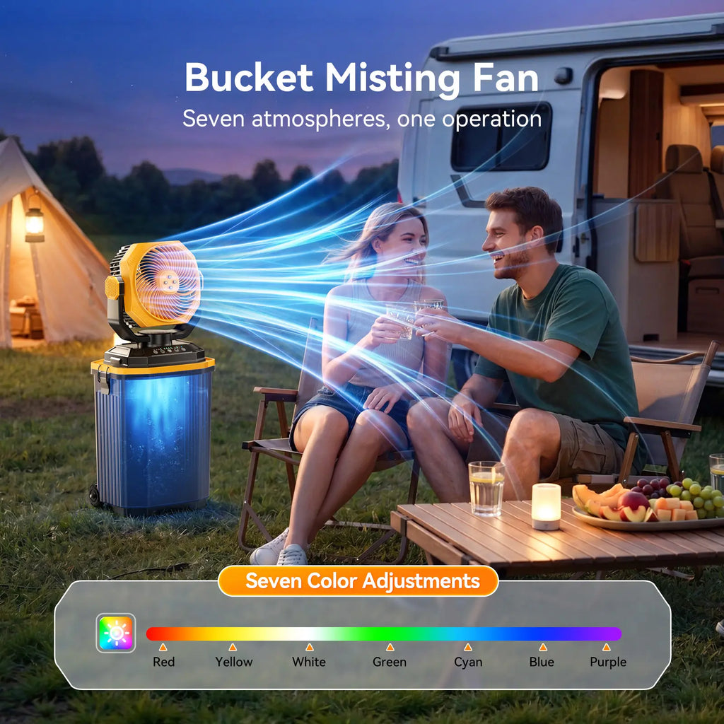 Portable Bucket Misting Fan-4 Gallon, 30000Mah Outdoor Oscillating Cooling Fan with Water Spray for Patios, 12 Inch Rechargeable Battery Camping Fan with Remote, Beach/Travel Essentials Brushless Motor Fan