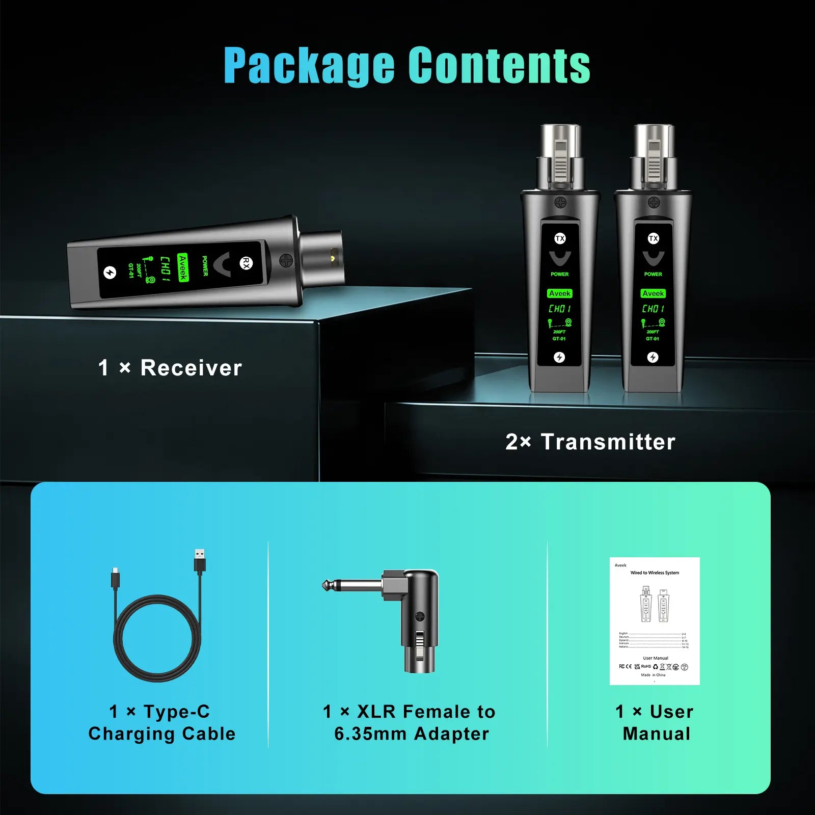 Aveek Wireless XLR Transmitter & Receiver System for Dynamic Microphones, 200FT Range, <2Ms Low Latency, 12H Battery, Auto Pairing, Dual TX Adapter for Mixer, PA System, Church & Stage