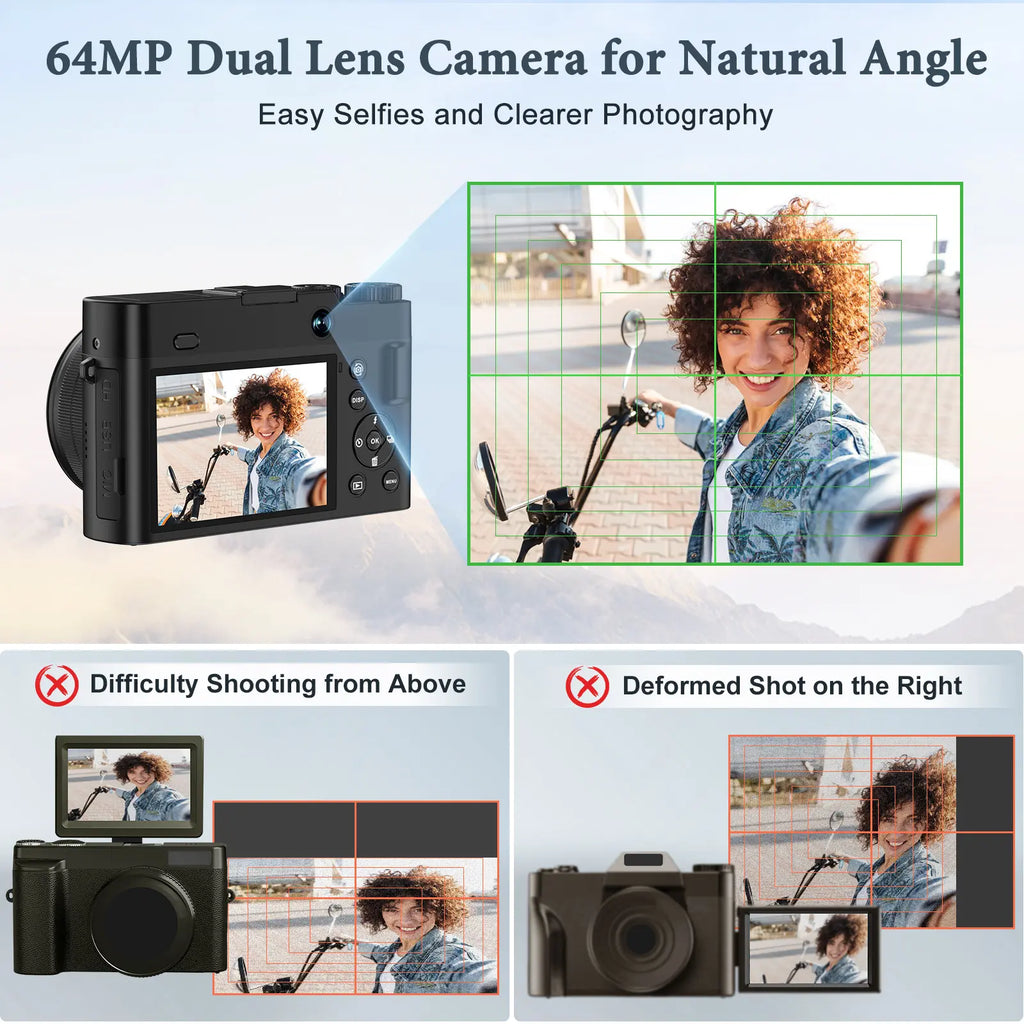 Zostuic Digital Camera 4K 64MP Vlogging Camera with Autofocus Dual Lens 6-Axis Anti-Shake 16X Zoom Compact Camera for Students Beginners Travel Record Perfect Holiday Gift.