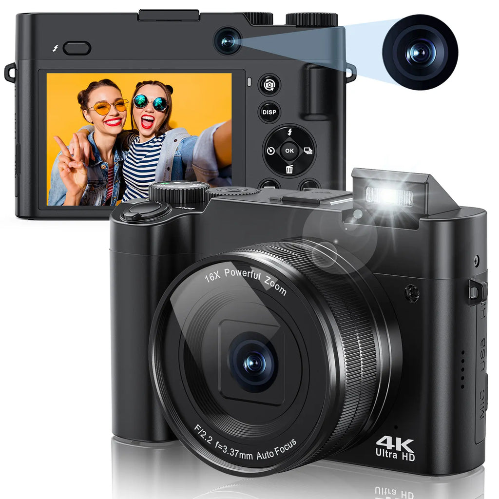 Zostuic Digital Camera 4K 64MP Vlogging Camera with Autofocus Dual Lens 6-Axis Anti-Shake 16X Zoom Compact Camera for Students Beginners Travel Record Perfect Holiday Gift.