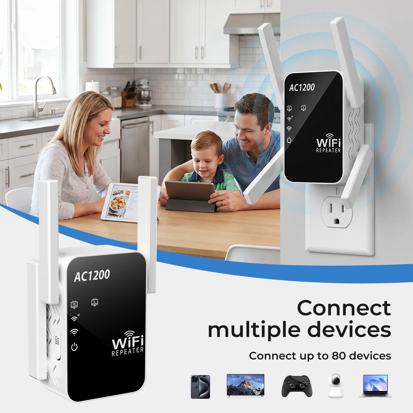 Wifi Repeater Signal Extender, Extends Coverage to 1288 Sq.Ft, Handles 80Devices, 2.4Ghz Wireless Repeater Amplifier, Wifi Extender for Home Use