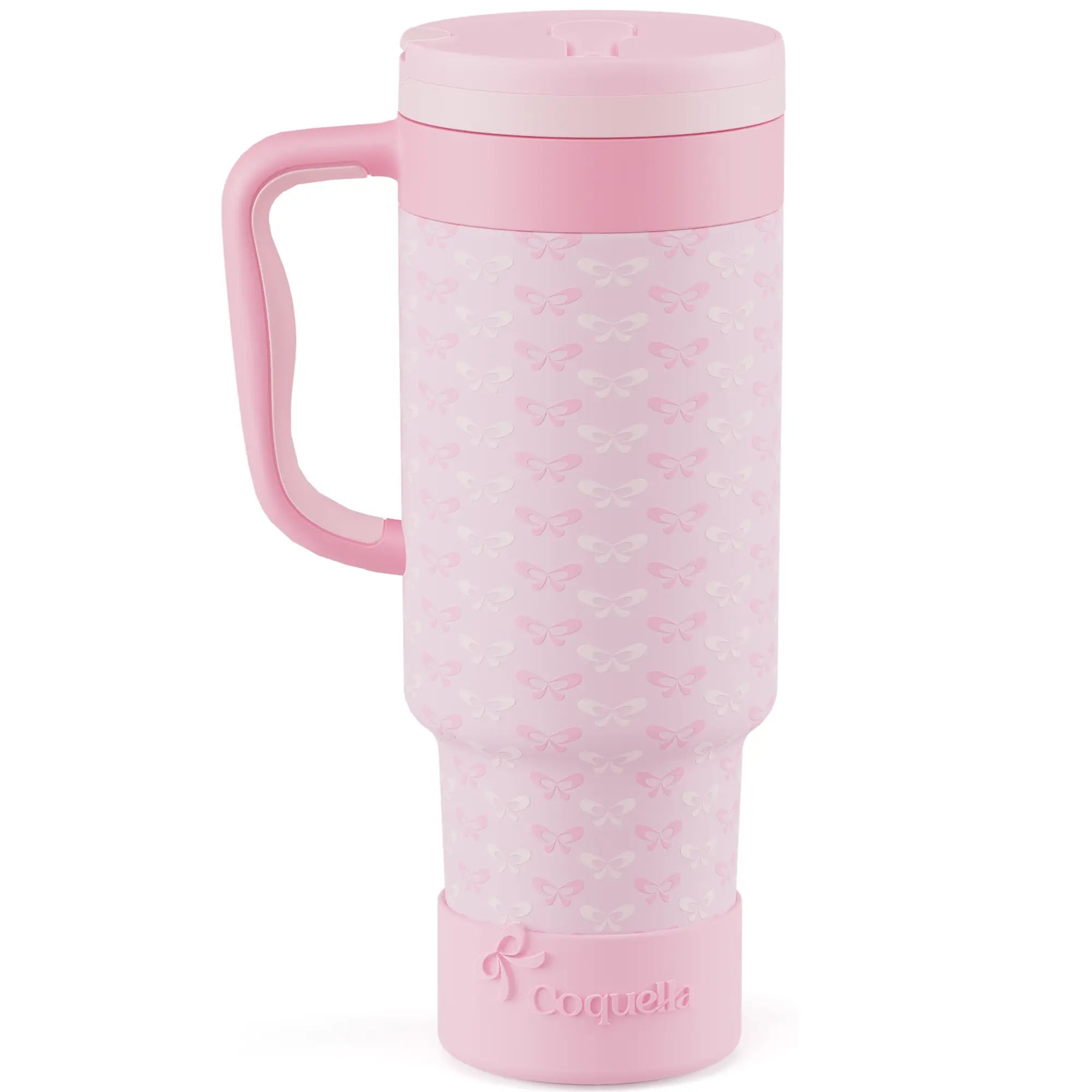 Coquella 40 Oz Insulated Tumbler with Handle and Push-Button Straw Lid, Stainless Steel Travel Cup for Gym Office, Leakproof, Bpa-Free, Cup Holder Friendly, Bow Silicone Boot, Pink (Rose Quartz)