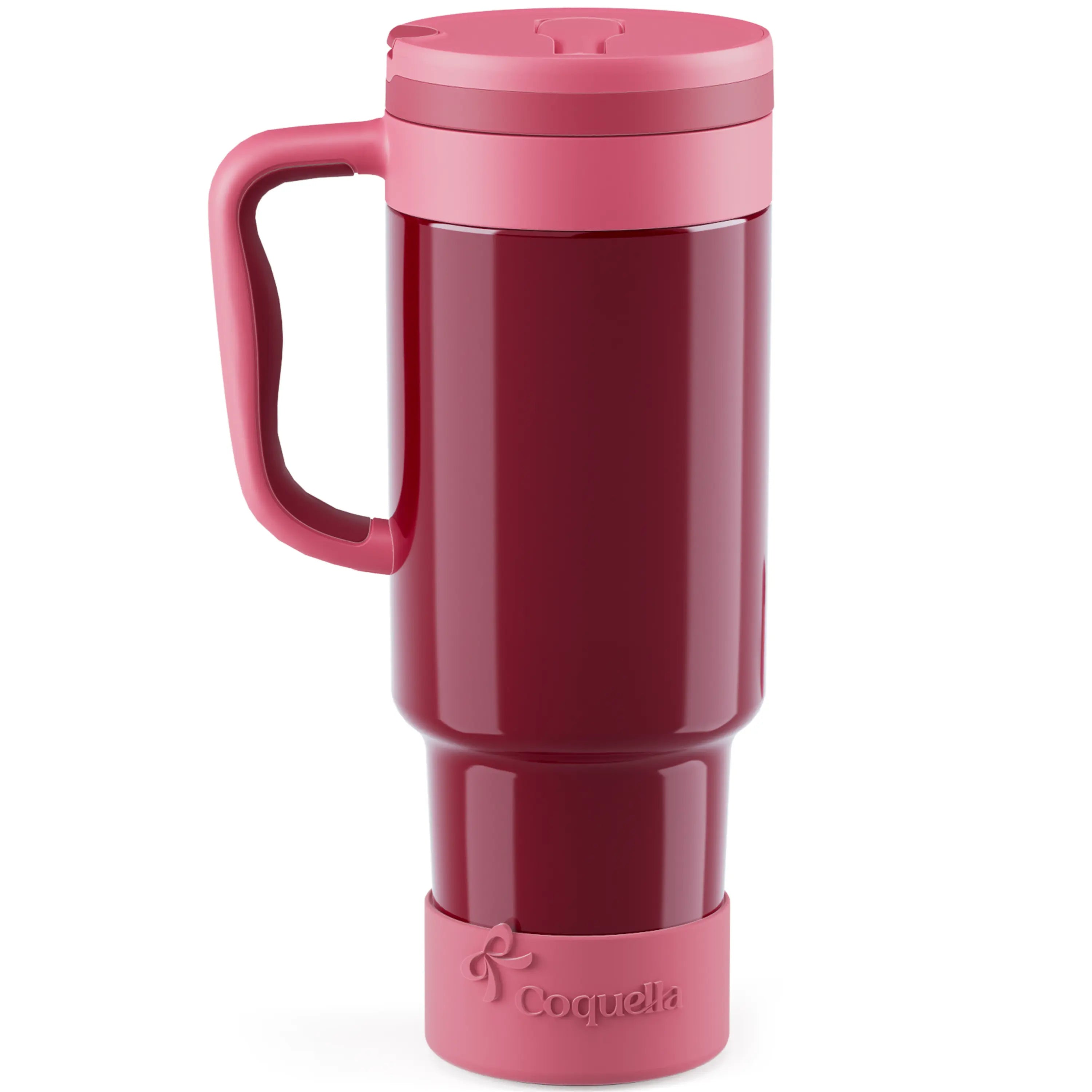 Coquella 40 Oz Insulated Tumbler with Handle and Push-Button Straw Lid, Stainless Steel Travel Cup for Gym Office, Leakproof, Bpa-Free, Cup Holder Friendly, Bow Silicone Boot, Pink (Rose Quartz)