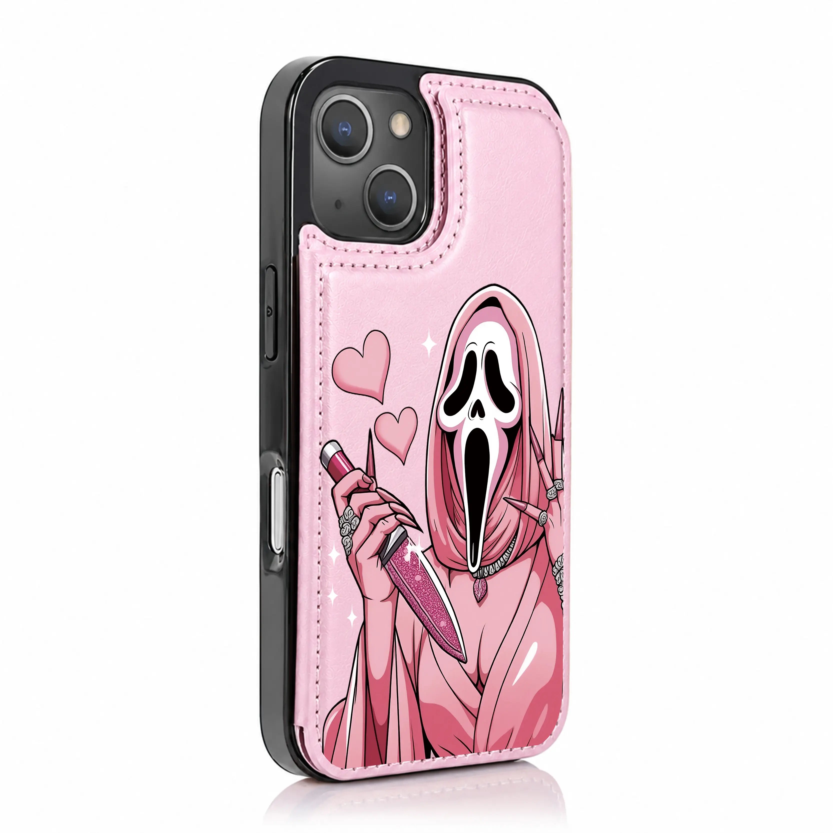Spooky Cute Halloween Leather Wallet Phone Case for Iphone Samsung 17Pro Max Air 16Plus 15 14 13 12 Galaxy S25 S24 S23 S22Cases, Ghostface, Magnetic Flip Folio Cover with Card Holder, Shockproof Drop Protection, Designed for Women.Jl121