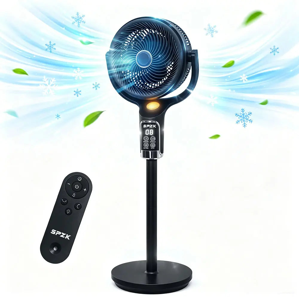 SPZK Air Circulator Pedestal Fan 120° Automatic 4-Way Oscillating Standing Fan, Ultra Quiet Standing Air Circulation Fan with Remote Control, 8 Speed Powerful Oscillating Floor Fan, 9 Hour Timer Adjustable Height Pedestal Fan for Home Sleep Office Use