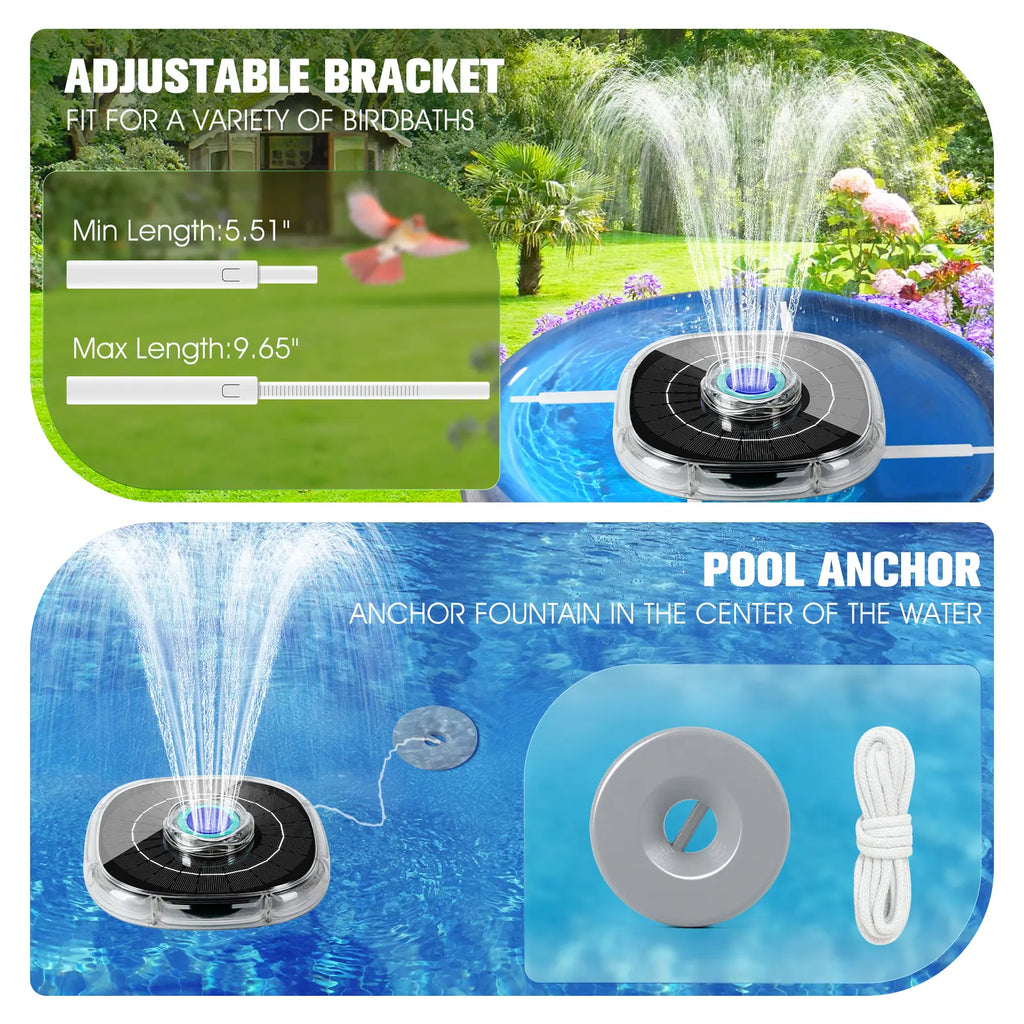 Uniwater Solar Floating Fountain with LED Lights, 4000Mah Large Capacity Built-In Battery, Pool Accessories with 120G Weighted Anchor, 360° Wrapped Casing, Smooth Running Outdoor Garden Decor for Ponds, Bird Bath