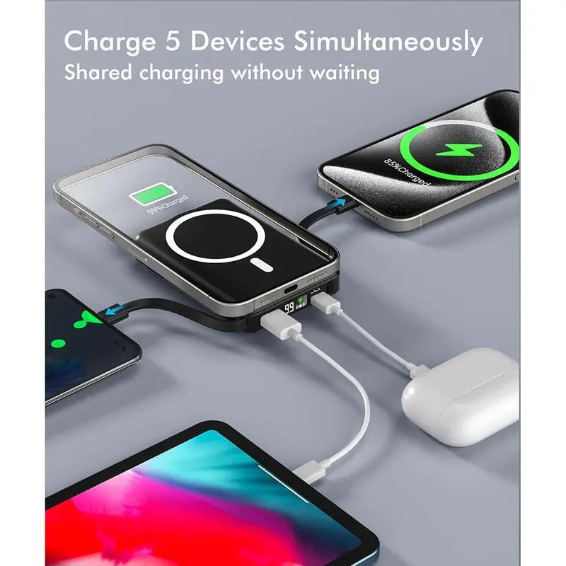 Portable Wireless Fast Charger, 10000Mah (5000-10000Mah Range) Smart Power Bank with 22.5W PD Quick Charge, USB-C Port, LED Display, Compatible with Iphone Series for Travel Use