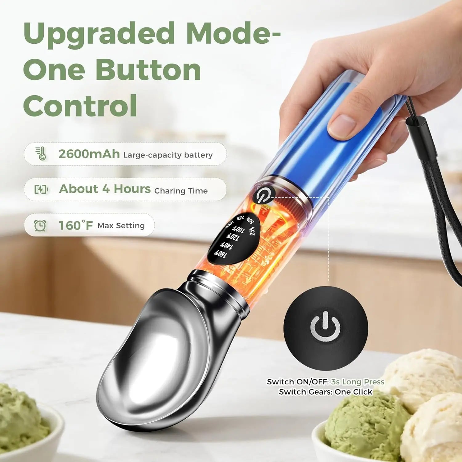 Heated Ice Cream Scoop with Removable Head, 4 Adjustable Temperature Settings & LED Display, Easy to Clean,Rechargeable Electricice Icecream Spoons Perfect for Hard Ice Cream,Frozen Yogurt, Sorbet, Gelato Perfect Gift for Mom, Grandma & Ice Cream Lovers
