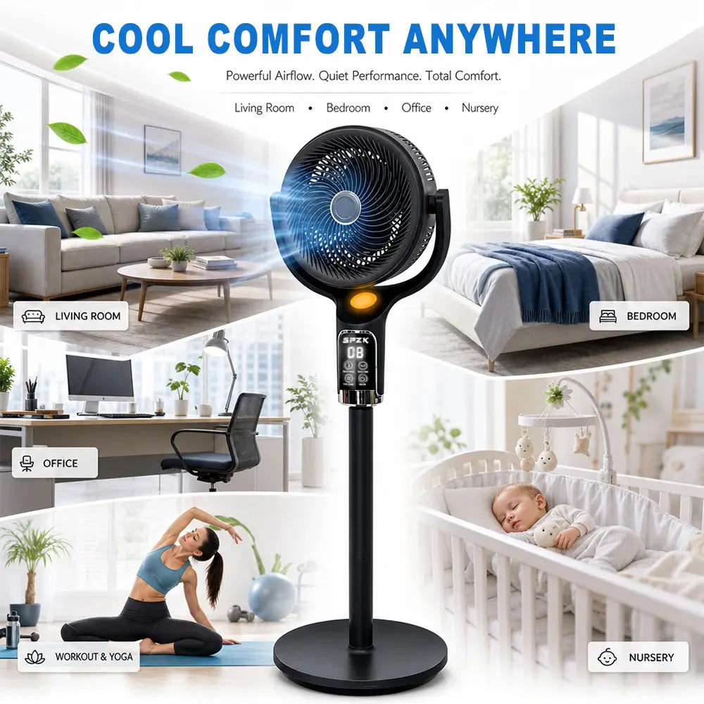 SPZK Air Circulator Pedestal Fan 120° Automatic 4-Way Oscillating Standing Fan, Ultra Quiet Standing Air Circulation Fan with Remote Control, 8 Speed Powerful Oscillating Floor Fan, 9 Hour Timer Adjustable Height Pedestal Fan for Home Sleep Office Use