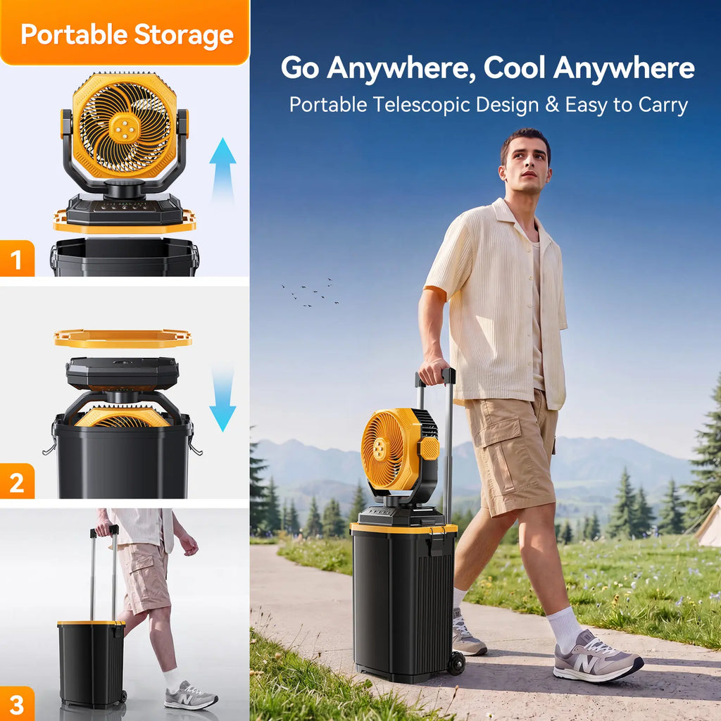 Portable Bucket Misting Fan-4 Gallon, 30000Mah Outdoor Oscillating Cooling Fan with Water Spray for Patios, 12 Inch Rechargeable Battery Camping Fan with Remote, Beach/Travel Essentials Brushless Motor Fan